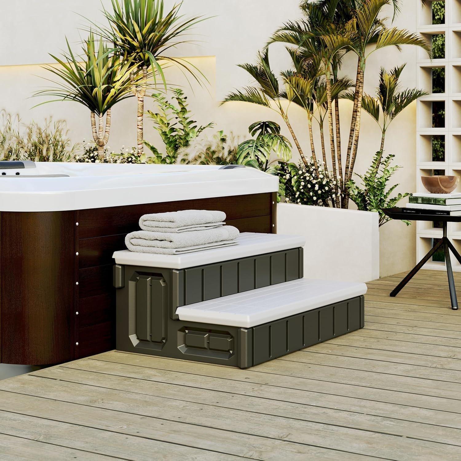 KUAFU Universal 36’’ Spa Hot Tub Steps with Storage, 350lbs Load Capacity, Outdoor Indoor Compartment, Spa Stairs, Slip Resistant Striped, Light Gray+Black