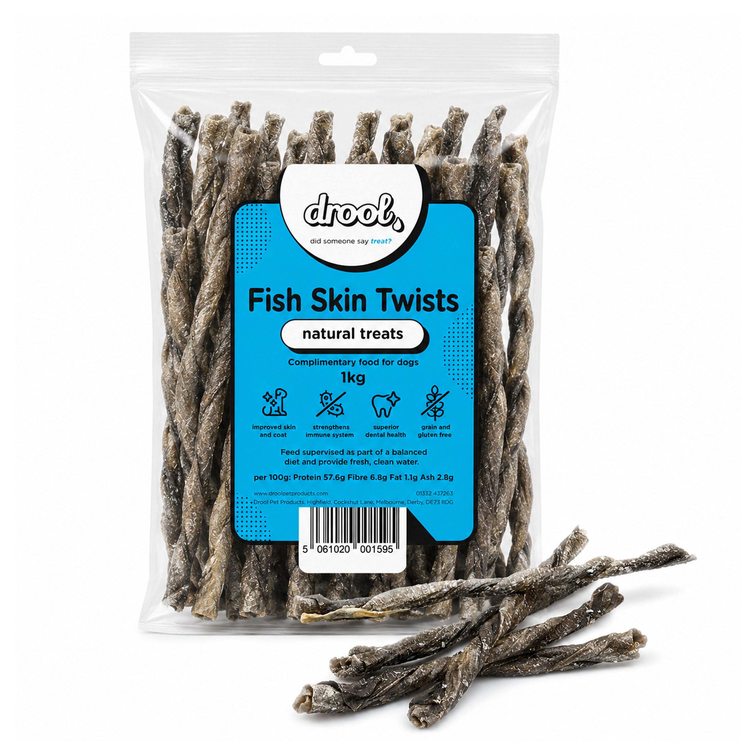 Drool Fish Skin Twists Dog Treats โ 100% Natural Air-Dried Fish Skin Chews, High Protein, Grain Free โ 1kg