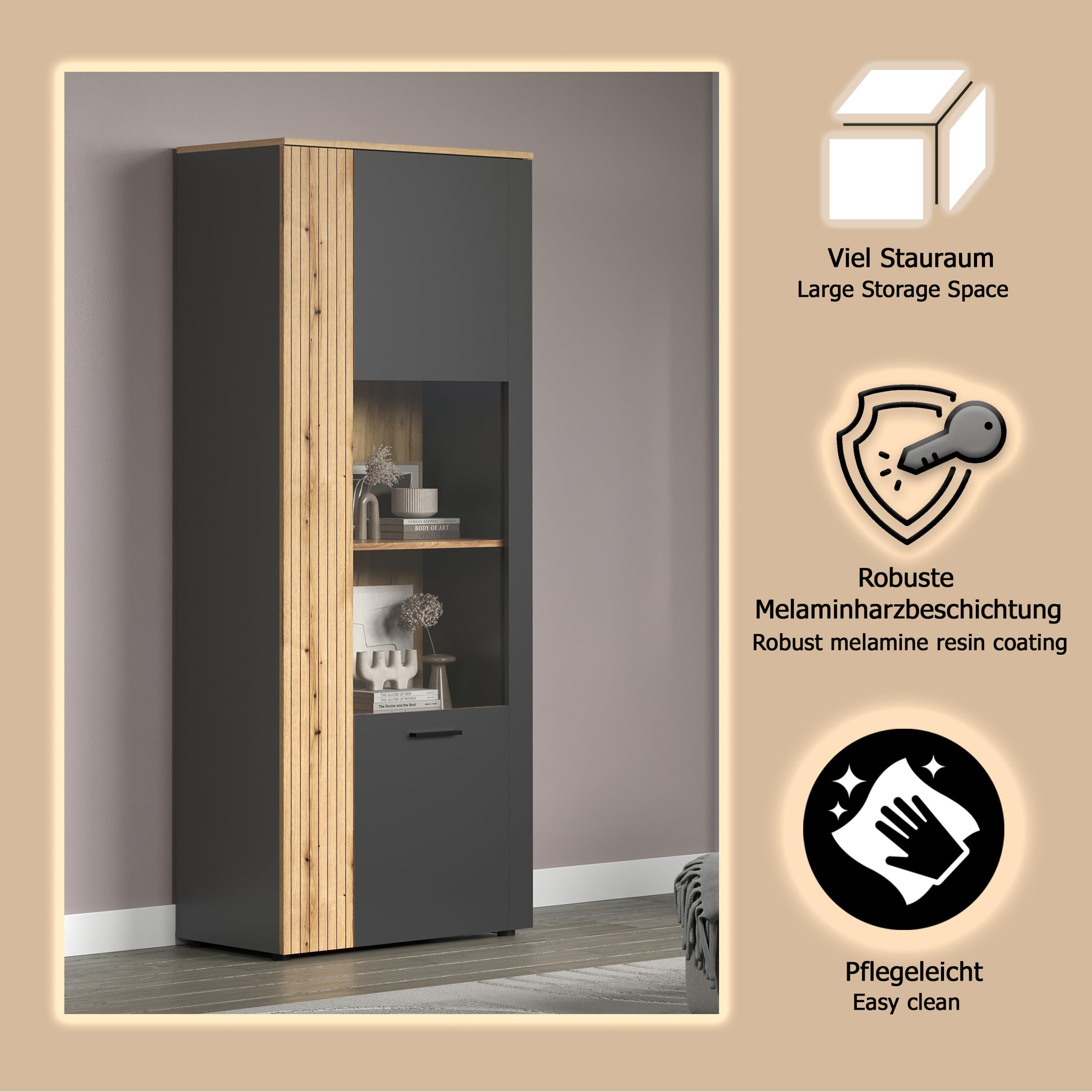 trendteam smart living - Esteban - Vitrine - Anthrazit/Eiche - Standvitrine in Rillenoptik - (BxHxT) 80 x 195 x 42 cm - eleganter Wohnzimmerschrank mit 6 Fächern