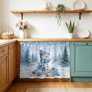 Snowman Christmas Cabinet Curtains for Kitchen, Ice Blue Pine Tree Gift Box Snow Land Snowflakes Sink Skirt for Bathroom, Under Sink Curtain for Compact Vanity, 28" W x 35" L