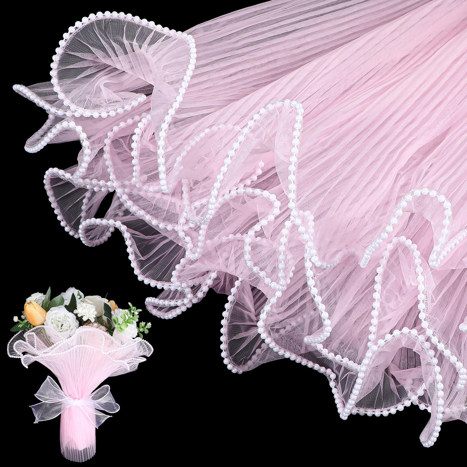 Photo 1 of 4.37 Yards Pink Wrapping Paper, Wrinkled Floral Paper Wrap with Pearl Trim