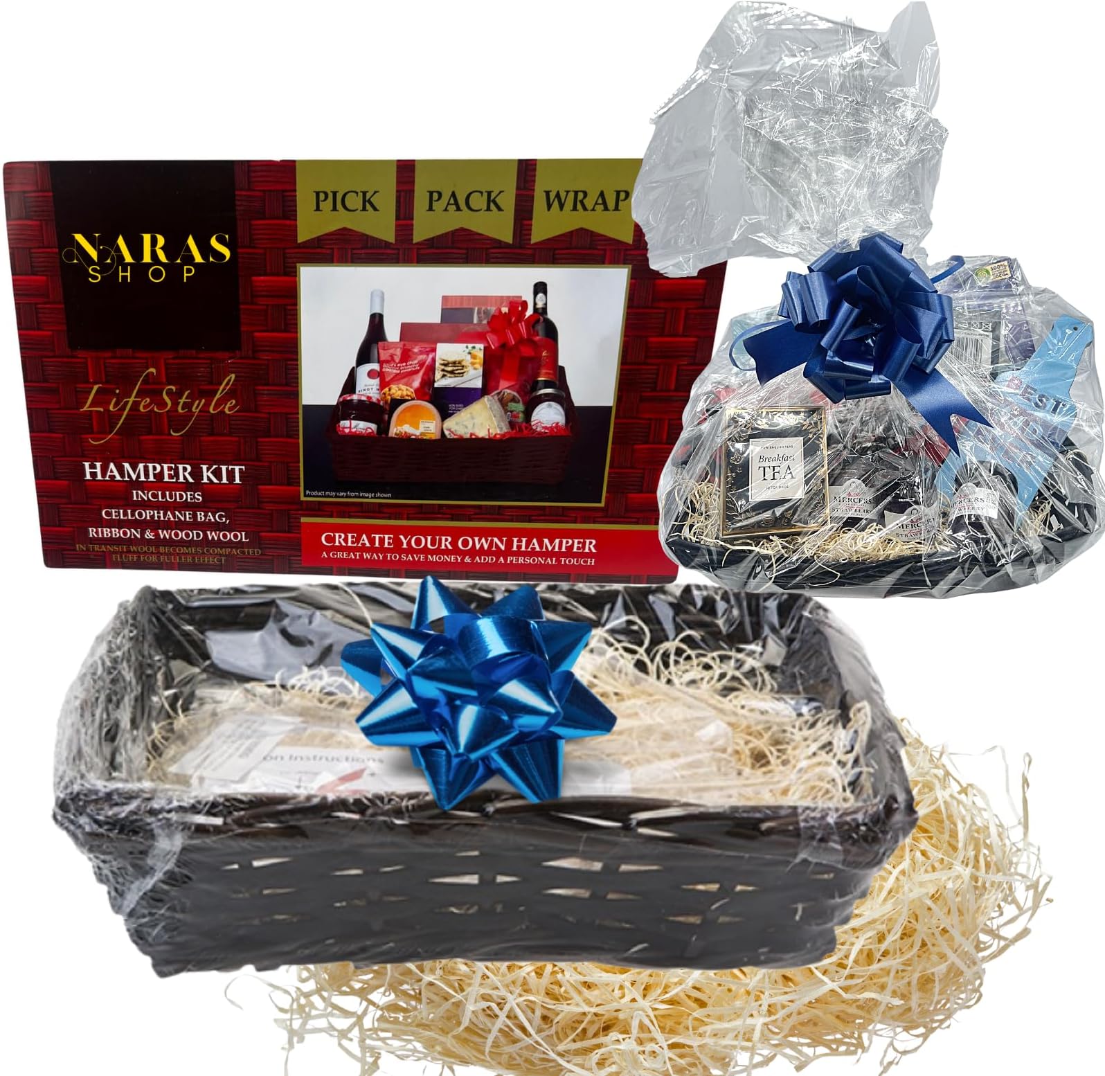 Hamper Baskets for Gifts - Empty Wicker Basket, Cellophane Wrap, Wood Wool, Blue Bow - Make Your Own Hamper Kit for Baby Shower, Personalized Birthday Gift for Dad, Grandad, Men