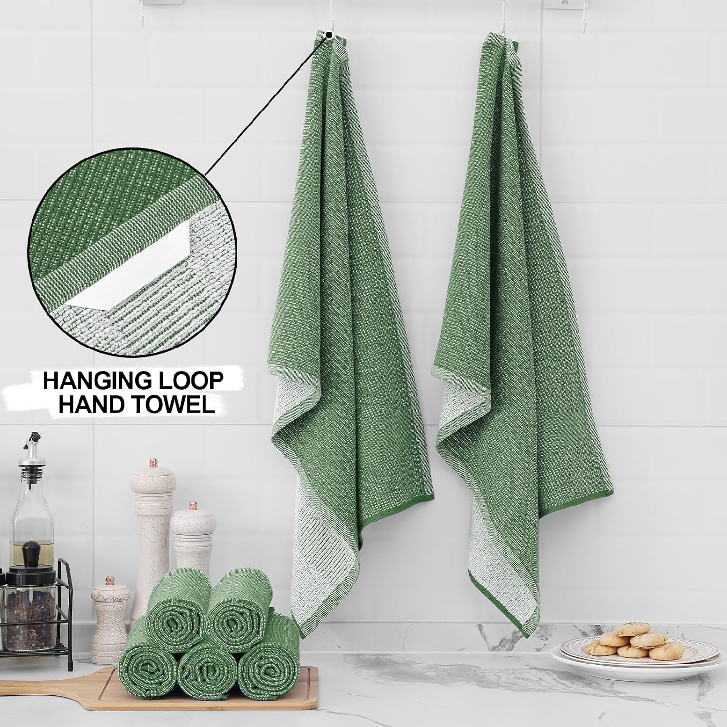 Homaxy Premium Kitchen Towels(18”x 28”, 6 Pack), Large Cotton Kitchen Hand Towels, Flat and Terry Dish Towels, 380 GSM Highly Absorbent Tea Towel Set with Hanging Loop, Grass Green - Image 3