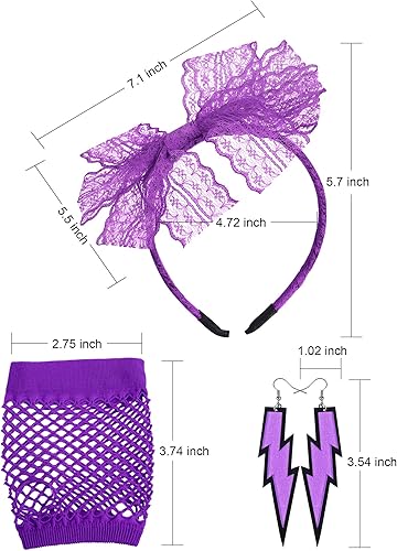 Miniatura 2 de Blulu Accesorios de disfraz de los años 80 para mujer, diadema de encaje, aretes de neón, guantes de red para fiesta retro de los años 80, Halloween