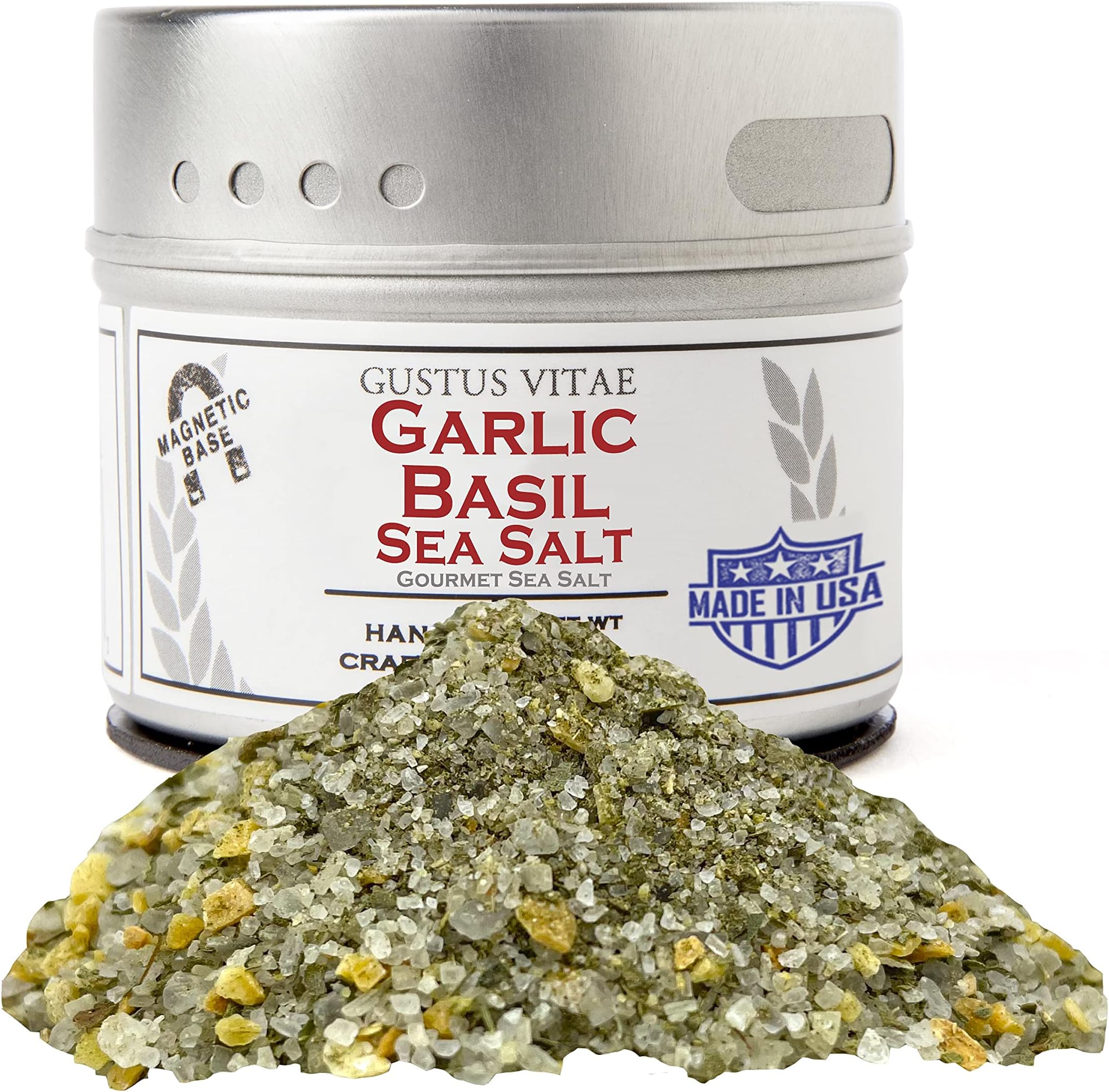 Gustus Vitae - Garlic Basil Sea Salt - Non GMO - Magnetic Tin - 2.5 Ounce - Authentic Gourmet Seasoning & Craft Spice Blend - Crafted in Small Batches