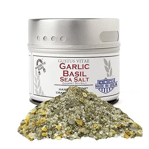 Gustus Vitae - Sal marina de ajo y albahaca - Sin OMG - Lata magnética - 2.5 onzas - Auténtica mezcla de condimentos gourmet y especias artesanales