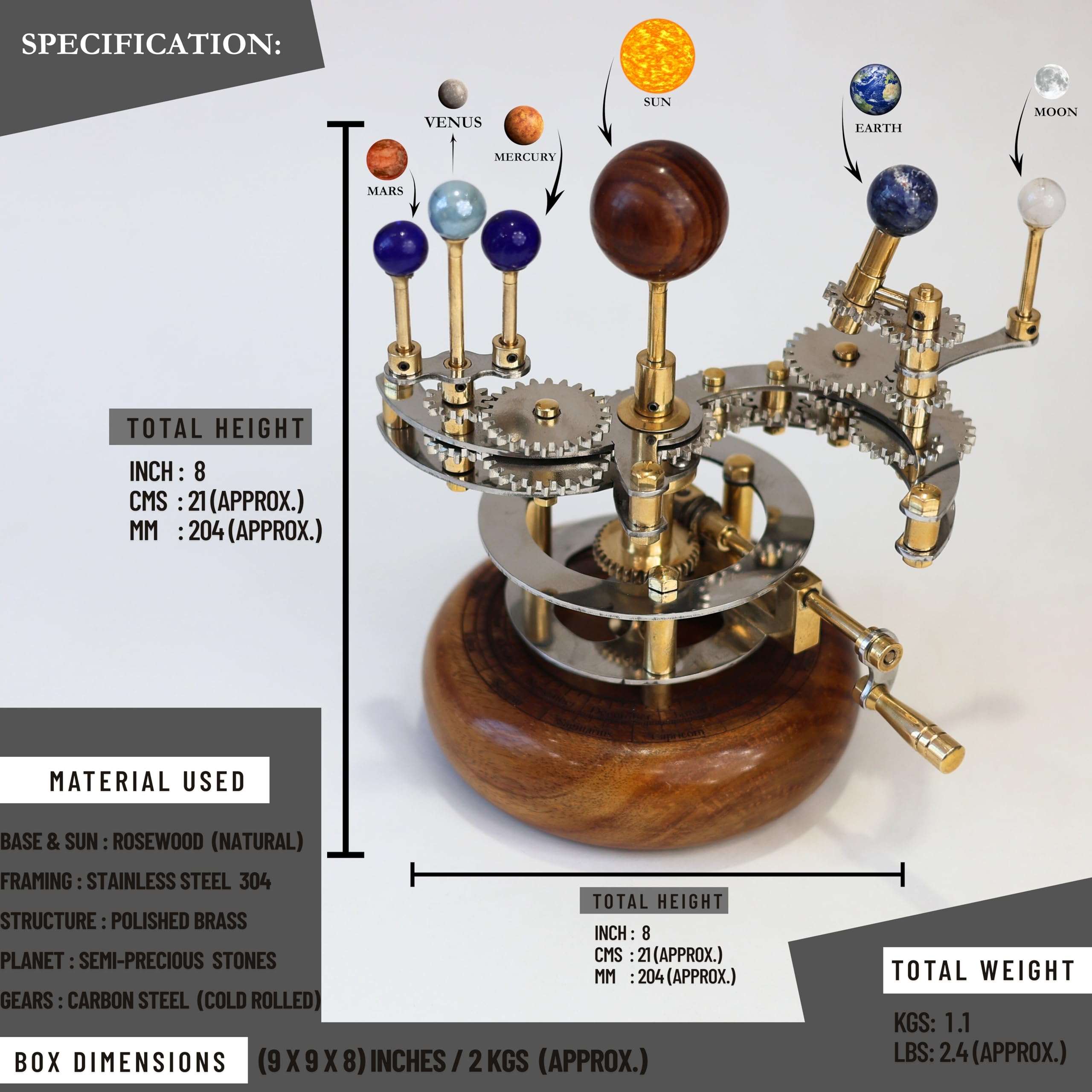 Modello del sistema solare | Orrery di astronomia educativa e decorativa | Planetario meccanico in ottone di alta qualità (8 pollici Terra, Marte e Lune)