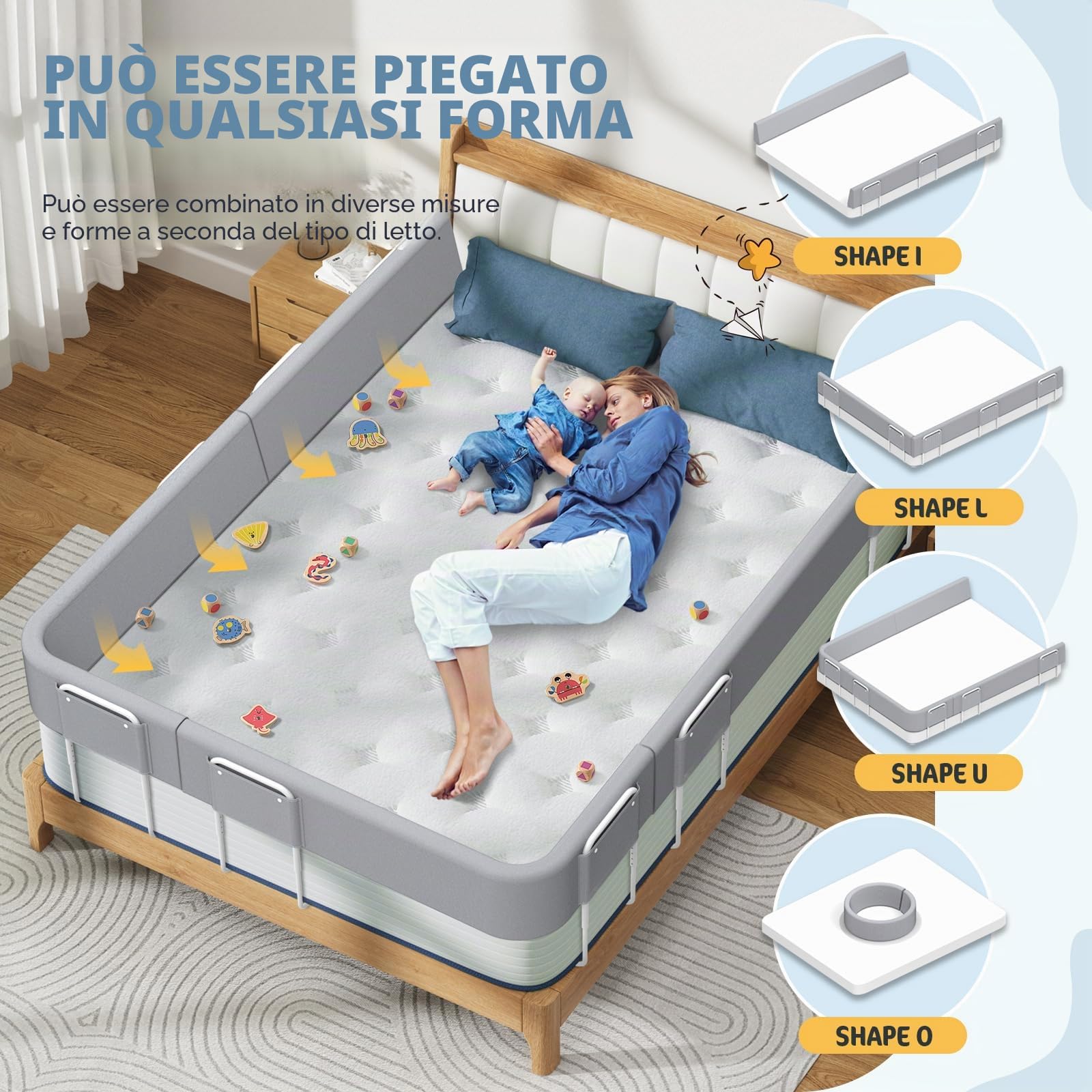 Sponde per letto bambini – Barriera letto sicurezza per bambini, protezione per letto matrimoniale e lettino, altezza regolabile 40-60 cm, rimovibile, portatile, grigio, 180cm