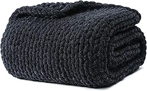 YnM Chenille Weighted Blanket, Handmade Chunky Knitted Design, Soft and Cozy, Temperature Regulating and Breathable, Machine Washable Throw for Sleep or Home Decor (Black Blue, 50x60 Inch, 10lbs)