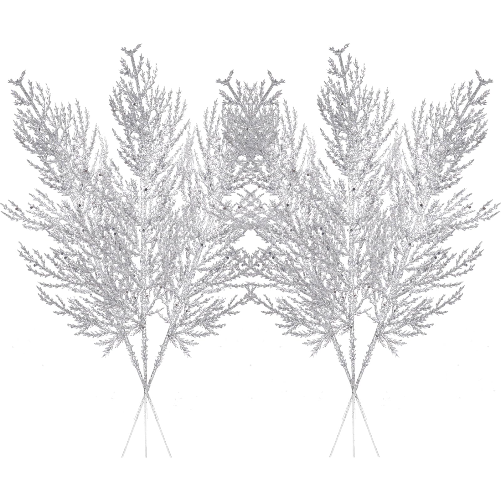 Christmas Glitter Stems 24pcs Artificial Pine Tree Picks for Christmas Tree Ornaments fillers, DIY Xmas Wreath, Crafts, Garland, Holiday, Party, Wedding and Home Decoration (Silver)