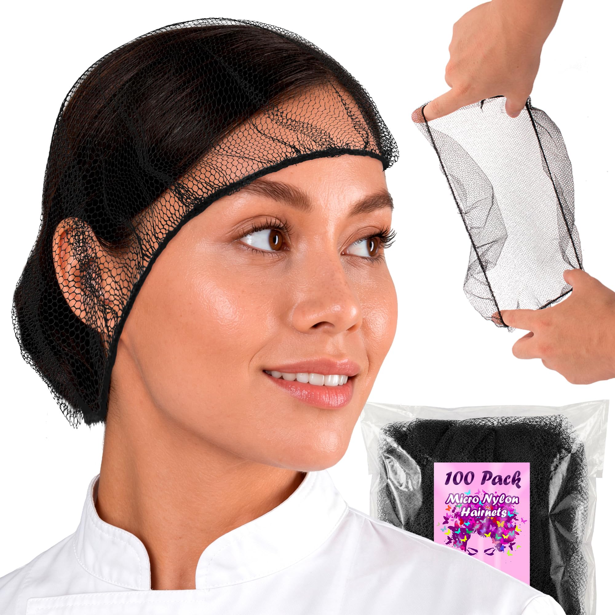 ABC Pack & Supply Black Disposable Hair Net, 24 Inches. 100 Pack Micro Nylon Bouffant Hair Nets. Bouffant Caps Disposable with Elastic Edge. Stretchable Hairnets for Foodservice, Industrial Use