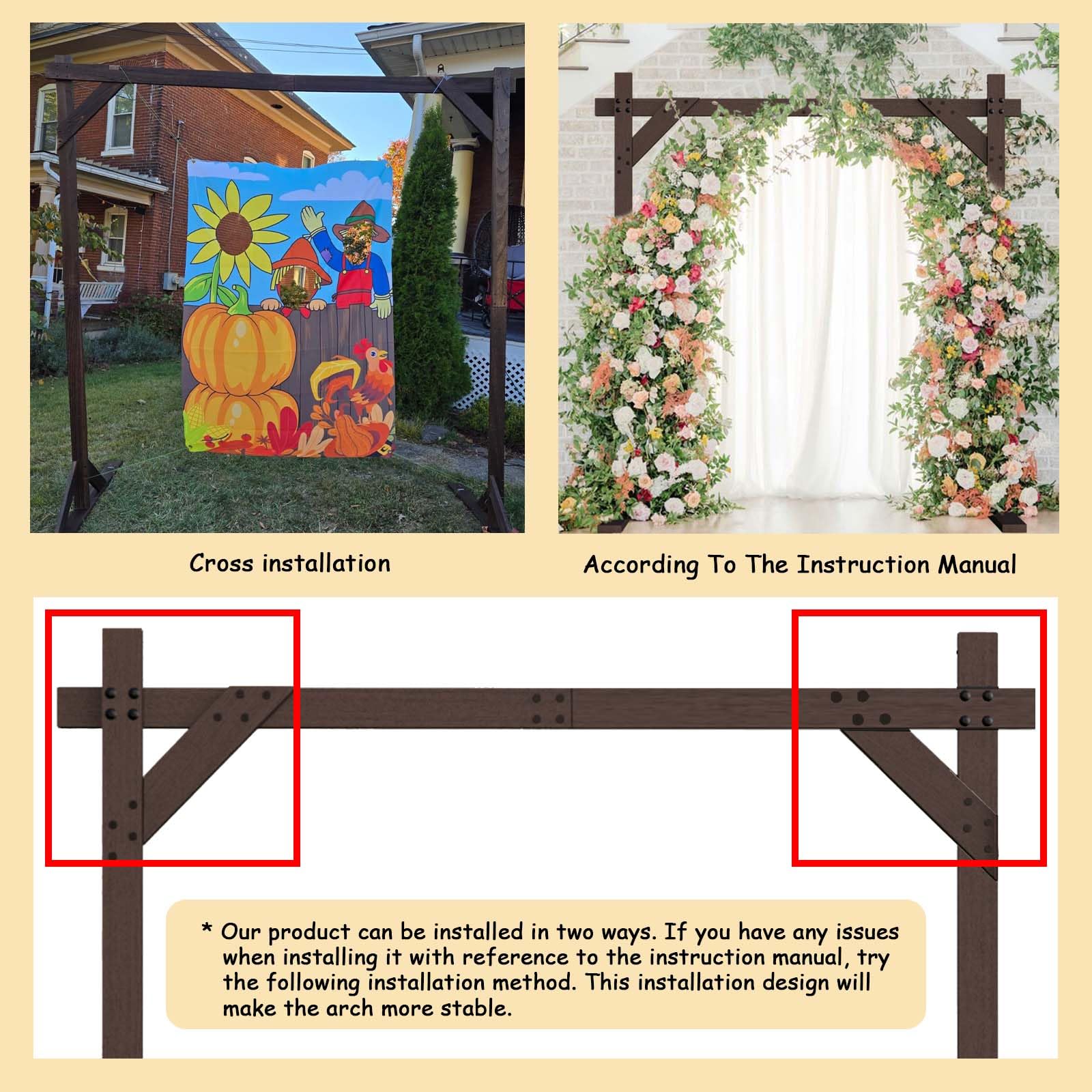 PlusFive Arco di nozze 2,28 m, quadrato in legno, supporto per arco nuziale, pergolato da giardino, grande cornice in legno per proposta di matrimonio, compleanno, San Valentino, decorazione da