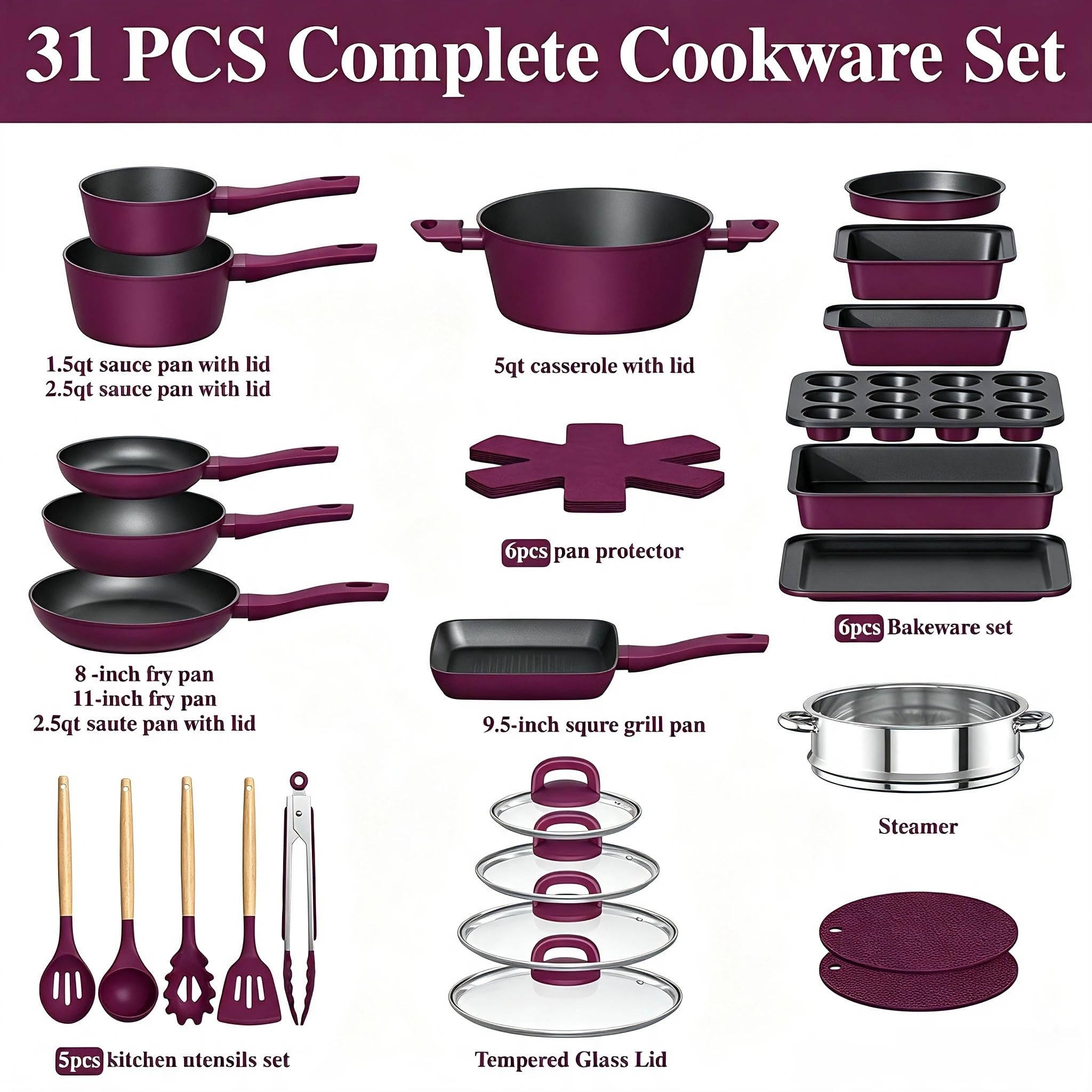 Pots and Pans Set Nonstick, Umite Chef 31-Piece Induction Cookware & Bakeware Set with Frying Pans, Saucepans, Casserole, Steamer, Baking Set & Utensils, PFAS-Free Kitchen Starter Set (Purple) view 4