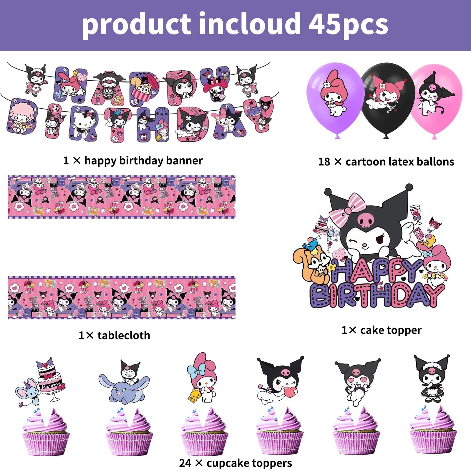 78pcs Kurom Birthday Party Decoration,Kurom Party Tableware Decoration,Compleanno Party Decoration,Accessori inclusi tazza,Plates, Lattice Palloncini etc,Decorativi per Compleanno Ragazze