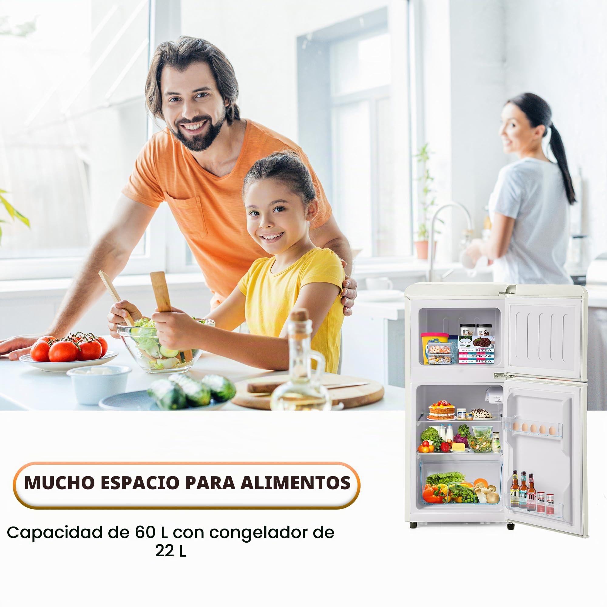 Frigorífico Mini 60L, Frigorifico Pequeño con Congelador (22L+38L), Frigorifico Combi con LED luz, 88,8x45,5x42 cm Frigorífico no Frost con Estantes Ajustables, 102 kWh/año, -27°C∽13°C (White)