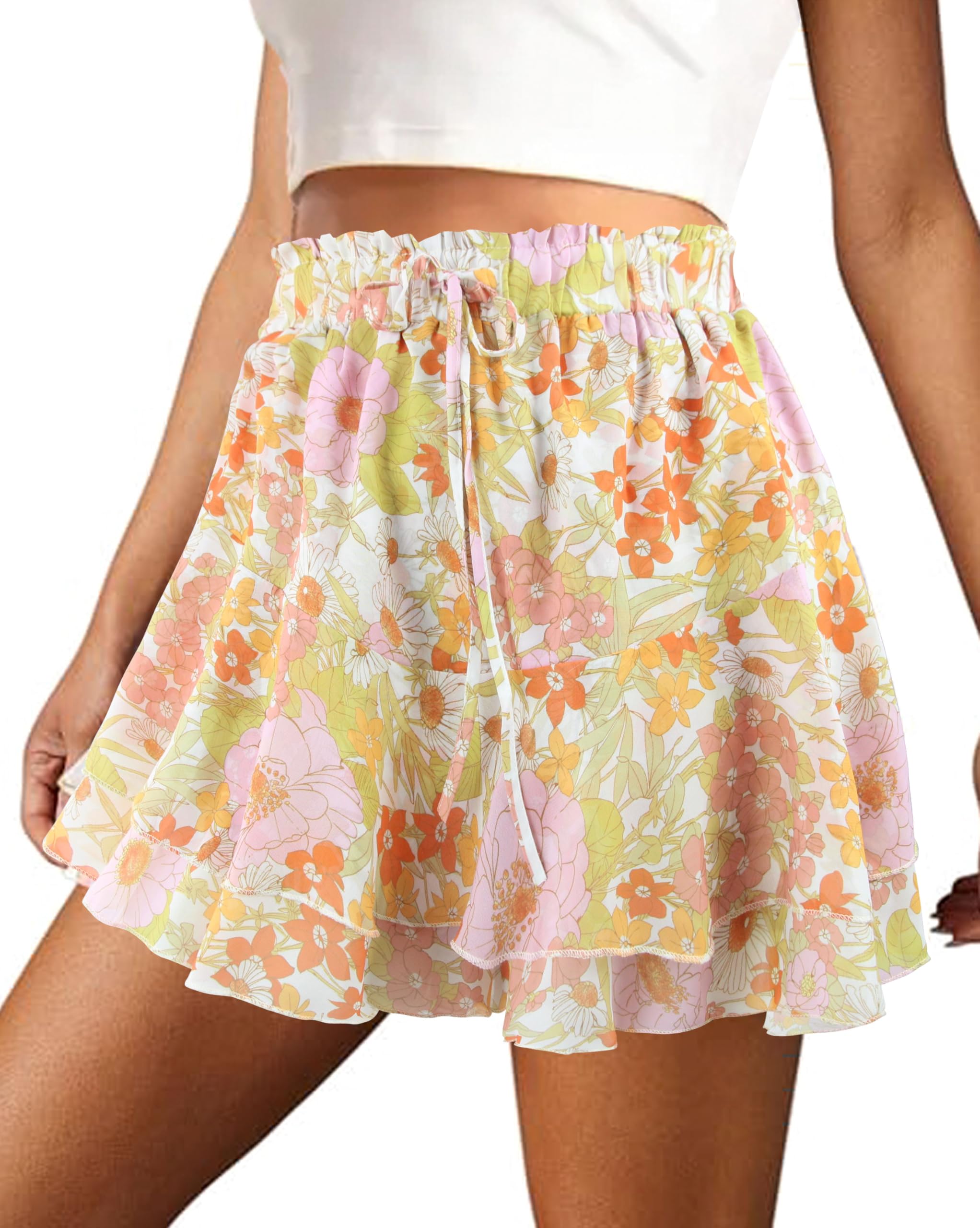 COOUFE Mini Skirts for Women 2025 Casual Boho Floral Skorts Layered Hem A-Line Tennis Chiffon Shorts