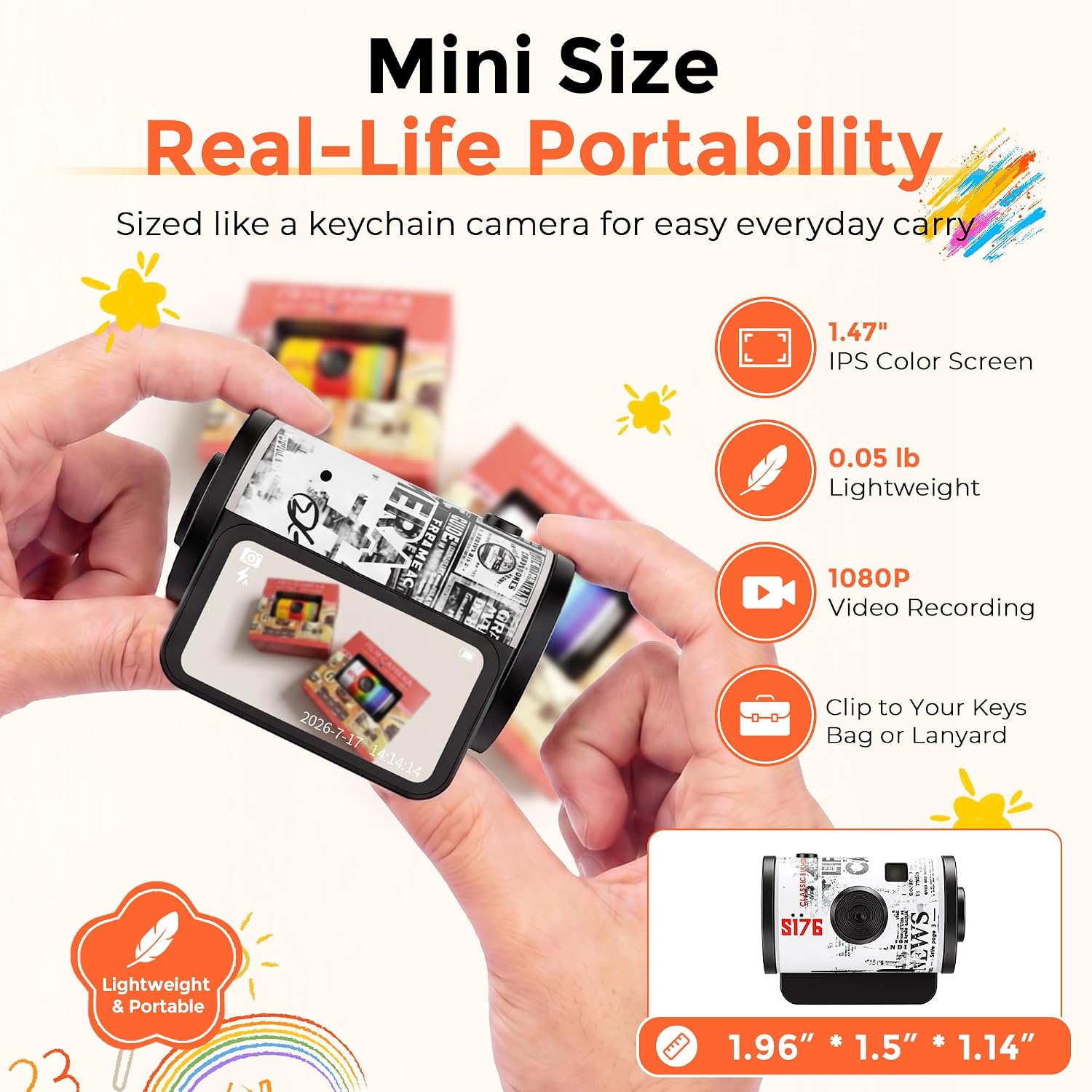 Mini Keychain Digital Camera, 1080P, Retro Film Roll, 32GB Card image 2