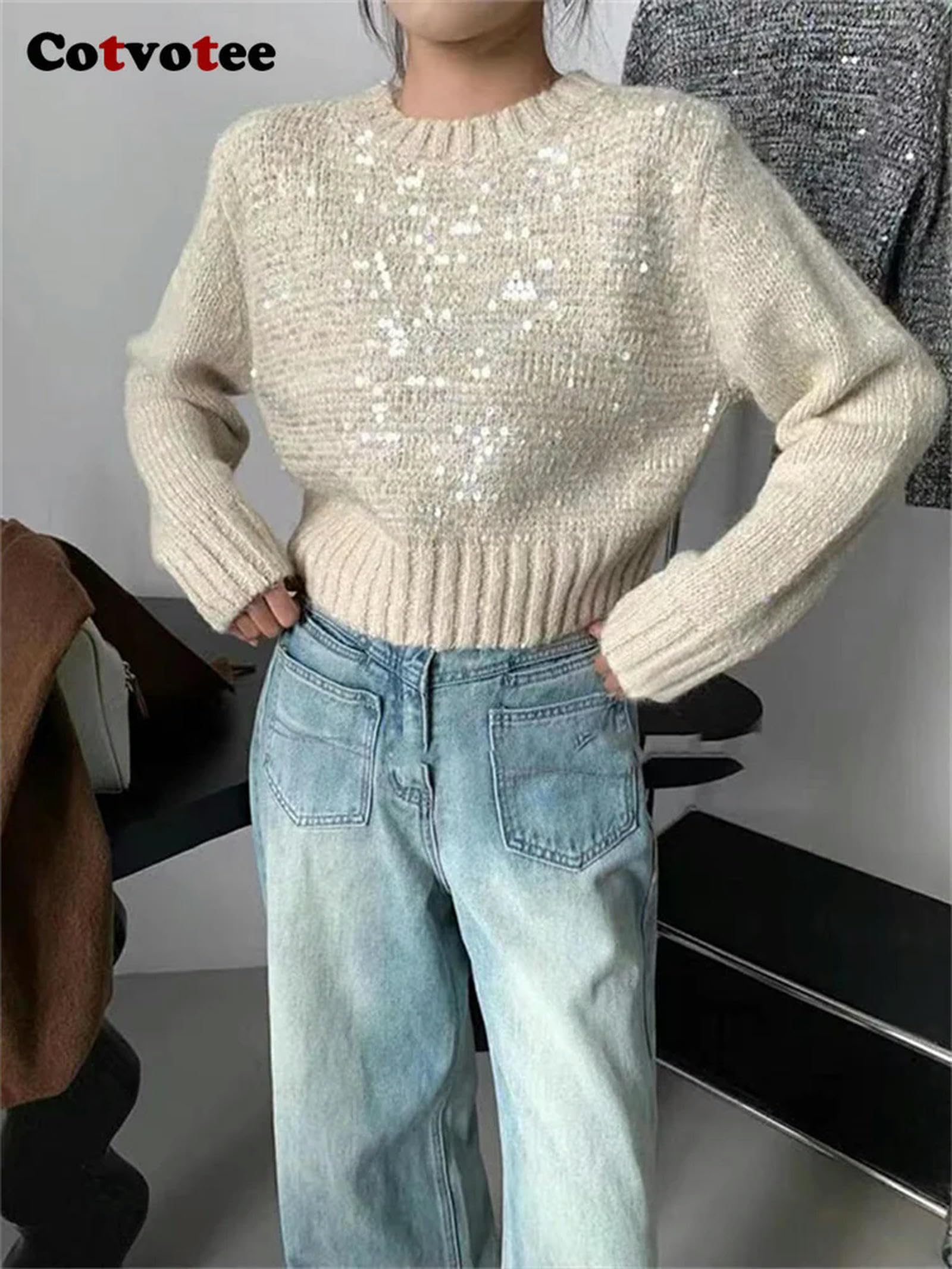 MdybF Damski sweter cekinowy sweter damski na jesień i zimę moda z długim rękawem okrągły dekolt sweter na co dzień dzianinowy sweter retro