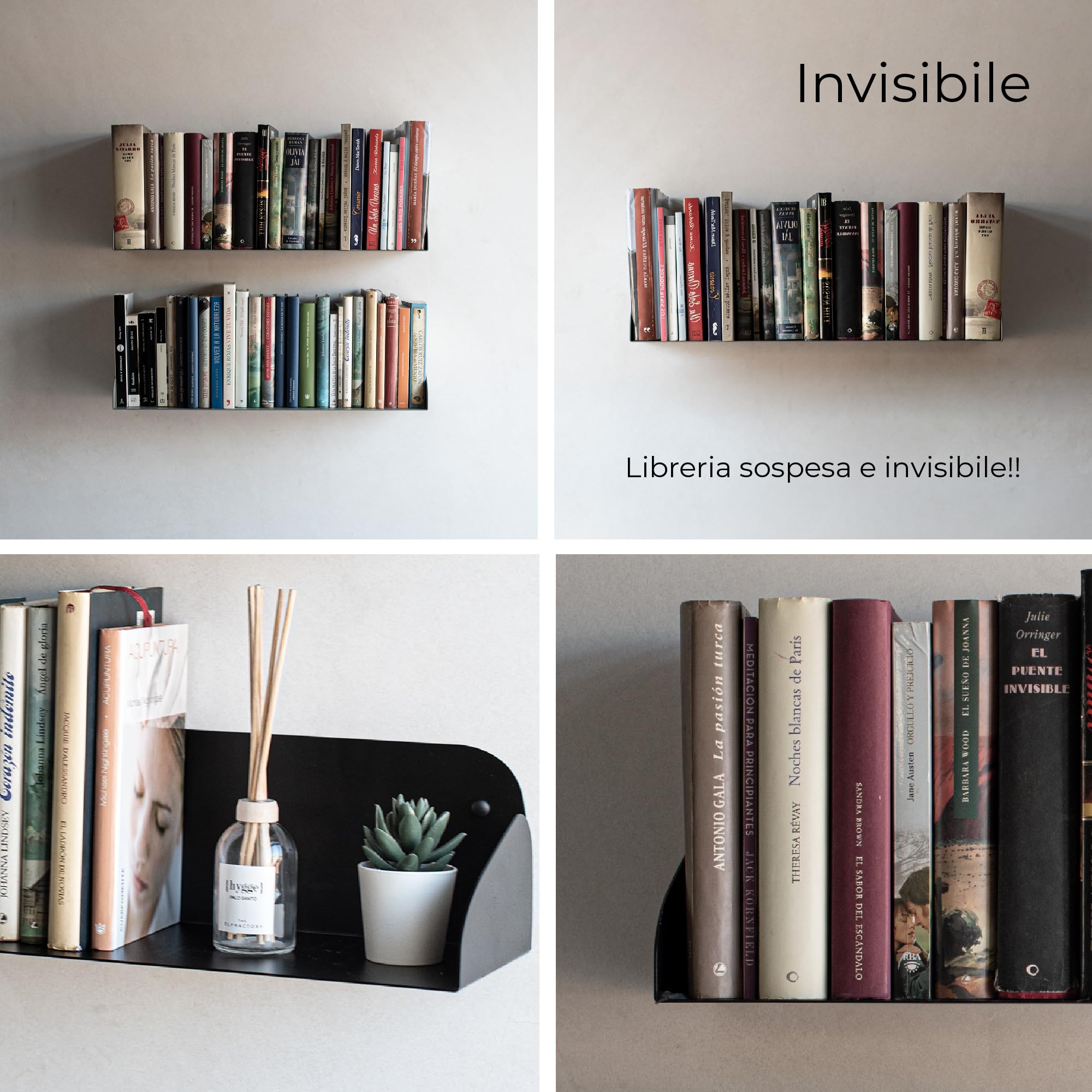 MILUKA Set di 2 Mensole da Muro Design 60 cm | Libreria da Parete Sospesa Metallo Nera | Modulare effecto invisibile, Porta Libri, Cd | Salvaespazio per Soggiorno, Cucina e Bagno
