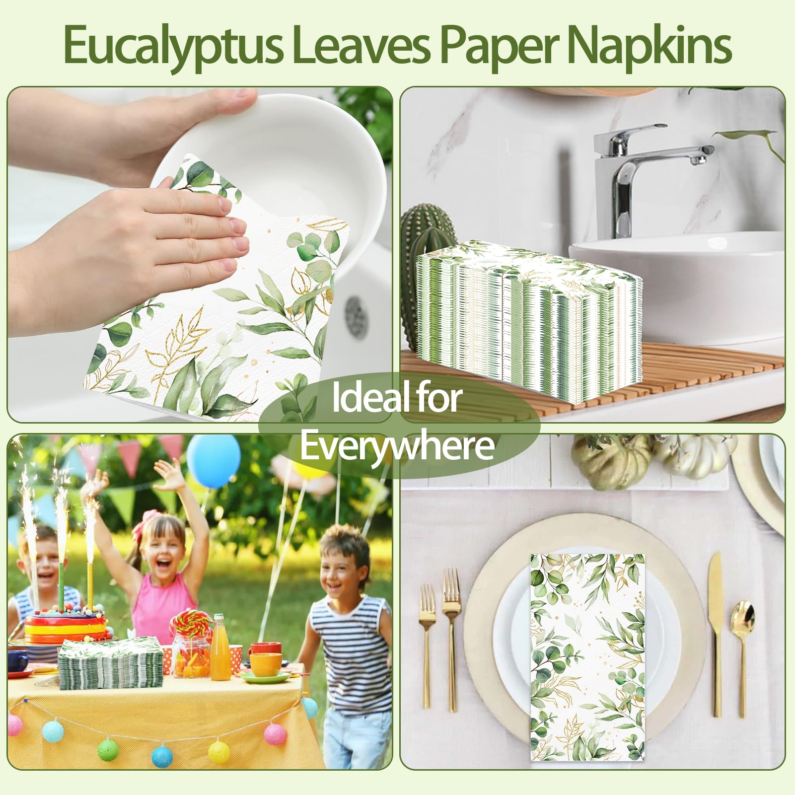 100 servilletas de papel vegetales desechables de 3 capas para baño, hojas de eucalipto verde, servilletas decorativas para novia, baby shower, boda, cumpleaños, fiesta de primavera
