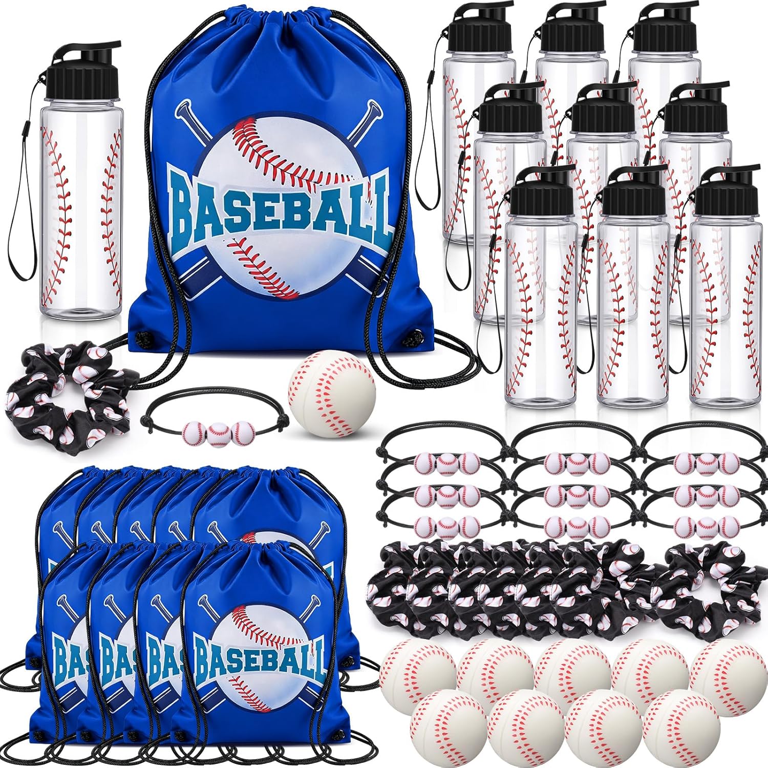 Mifoci 50 Pcs Baseball Party Supplies Gift Set Includes Baseball Water Bottle Gift Bag Mini Balls Sports Bracelets Hair Ties for Sports Team Celebrations