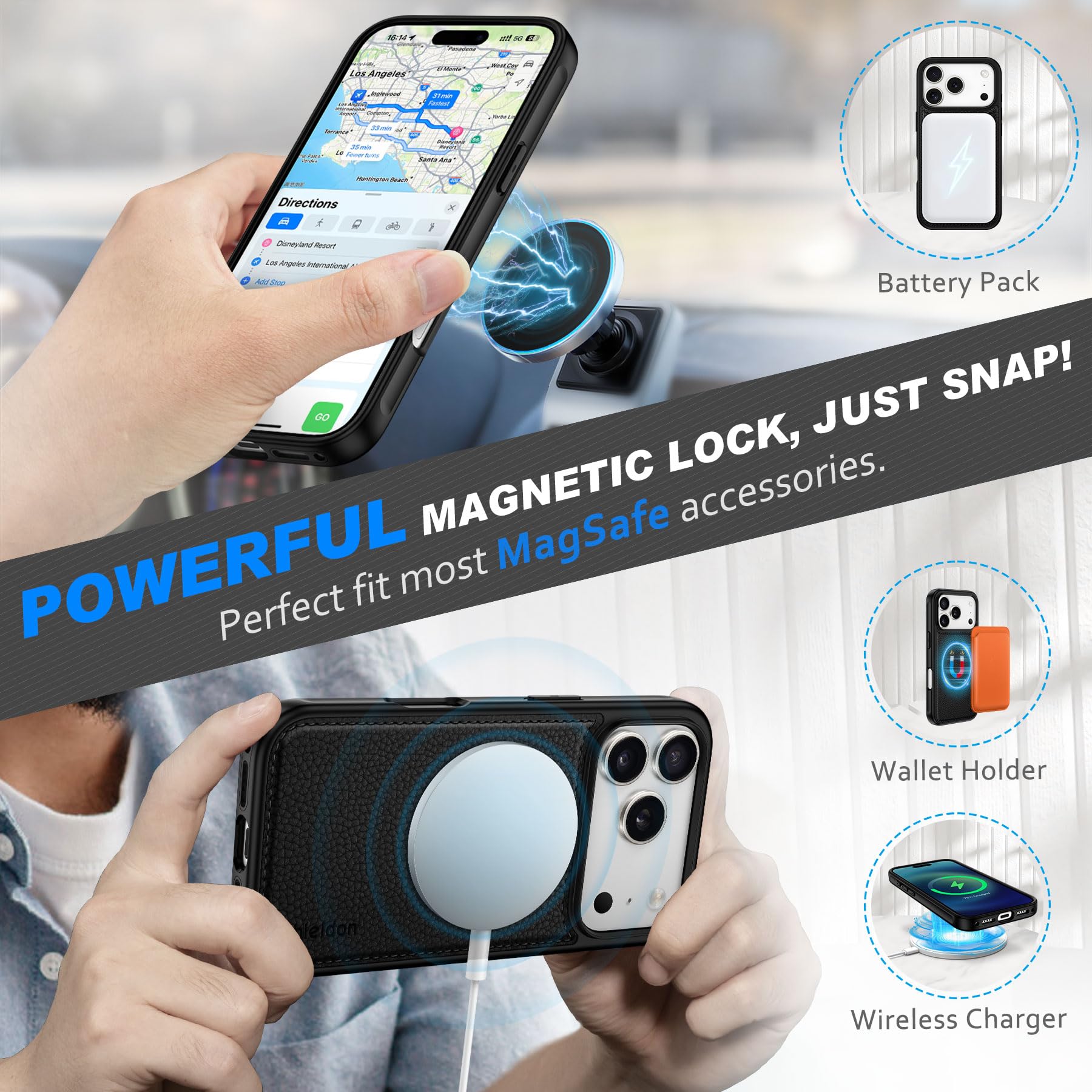 SHIELDON Funda Cuero Genuino para iPhone 17 Pro 6,3 Pulgadas 5G 2025, Funda 2 en 1 Estuche Magnético con Tarjetero [Bloqueo RFID][Función Stand] Capa, Litchi Grano Negro