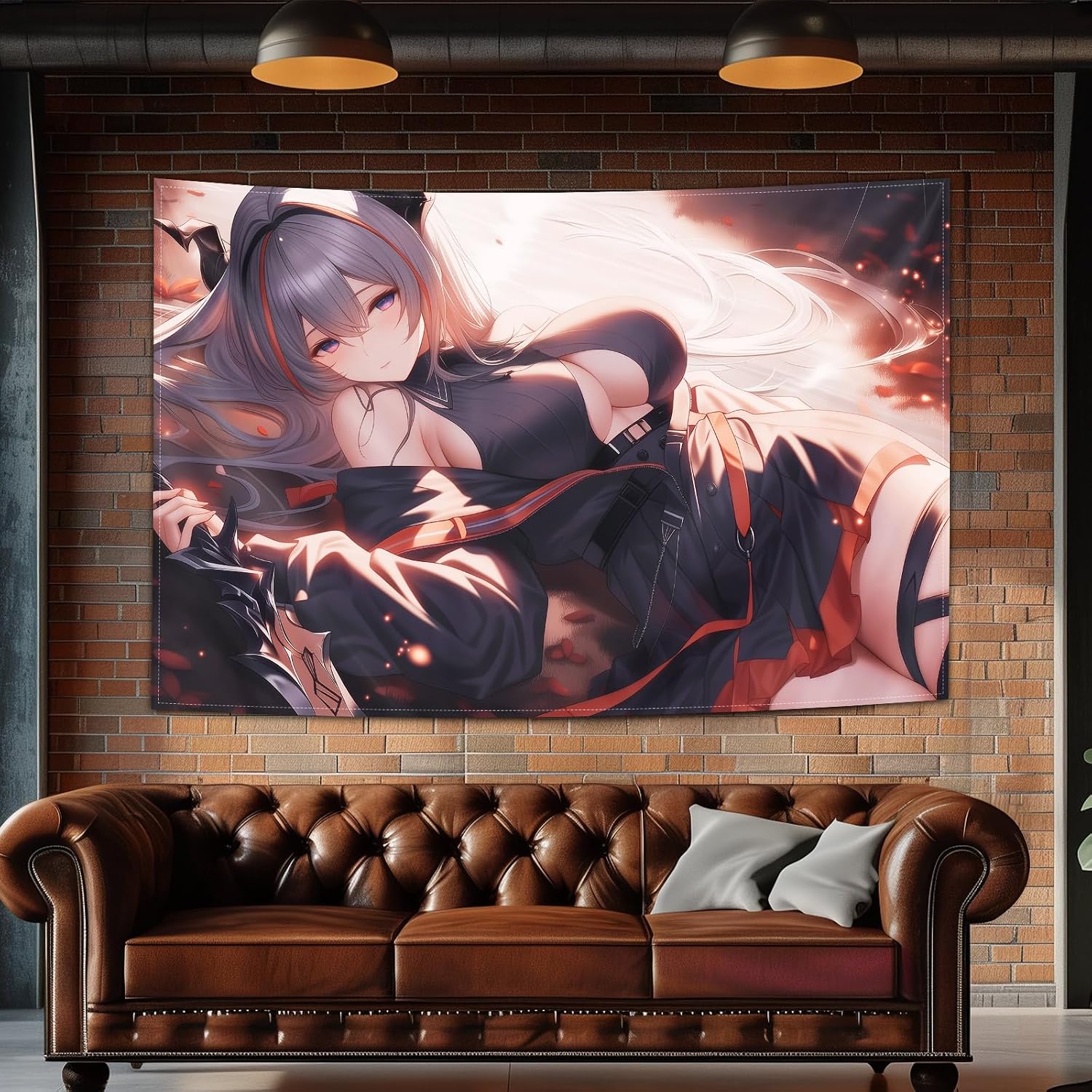 kubaricasy Japanese Grey Hair Anime Girl Tapestry, Dark Gothic Sexy Anime Waifu Wall Hanging, Tapestries for Gaming Room, Bedroom, Battle Station Backdrop, Bedroom Wall Decor, 150 x 100 cm 60"x40" image 5