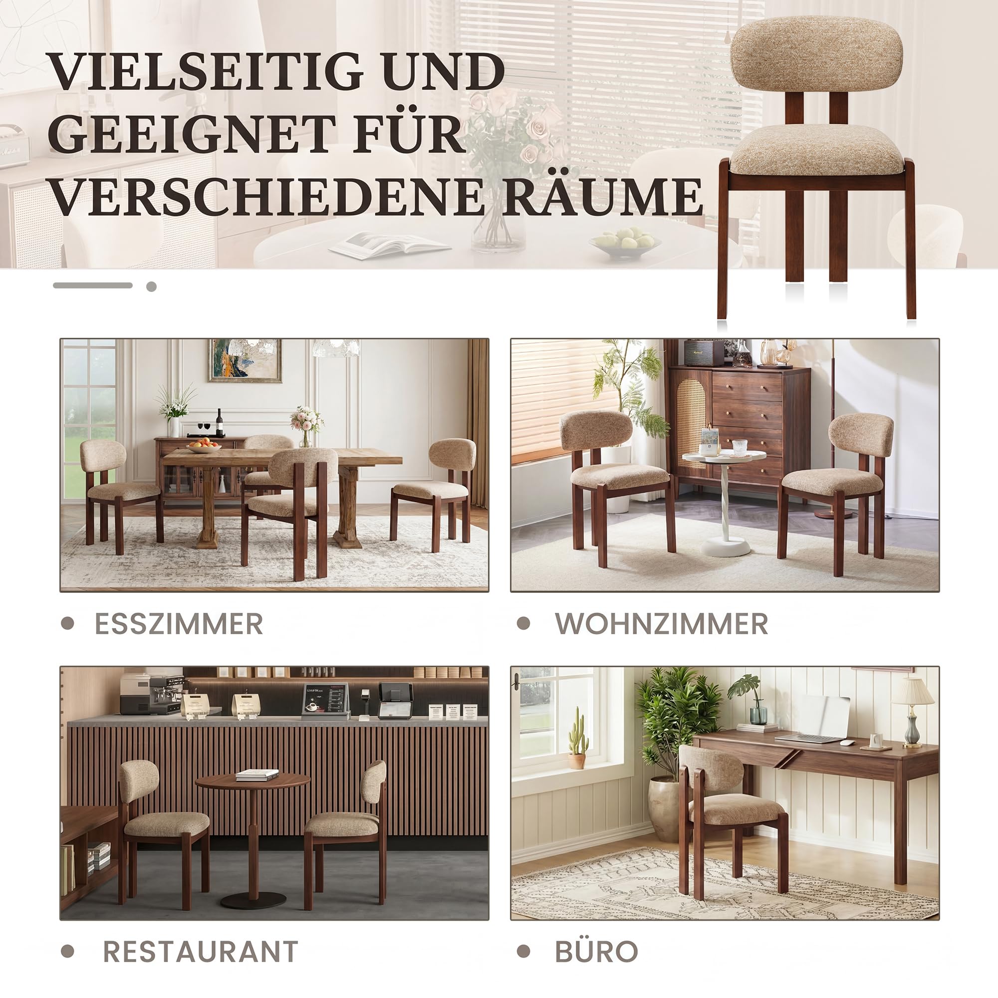 MALOL Esszimmerstühle 6er Set, Moderne Polsterstühle mit Holzbeinen in Dunkelbraun, Stoff-Essstühle mit Stabiler Rückenlehne, Kamel Geeignet für Esszimmer, Küche und Gastronomie