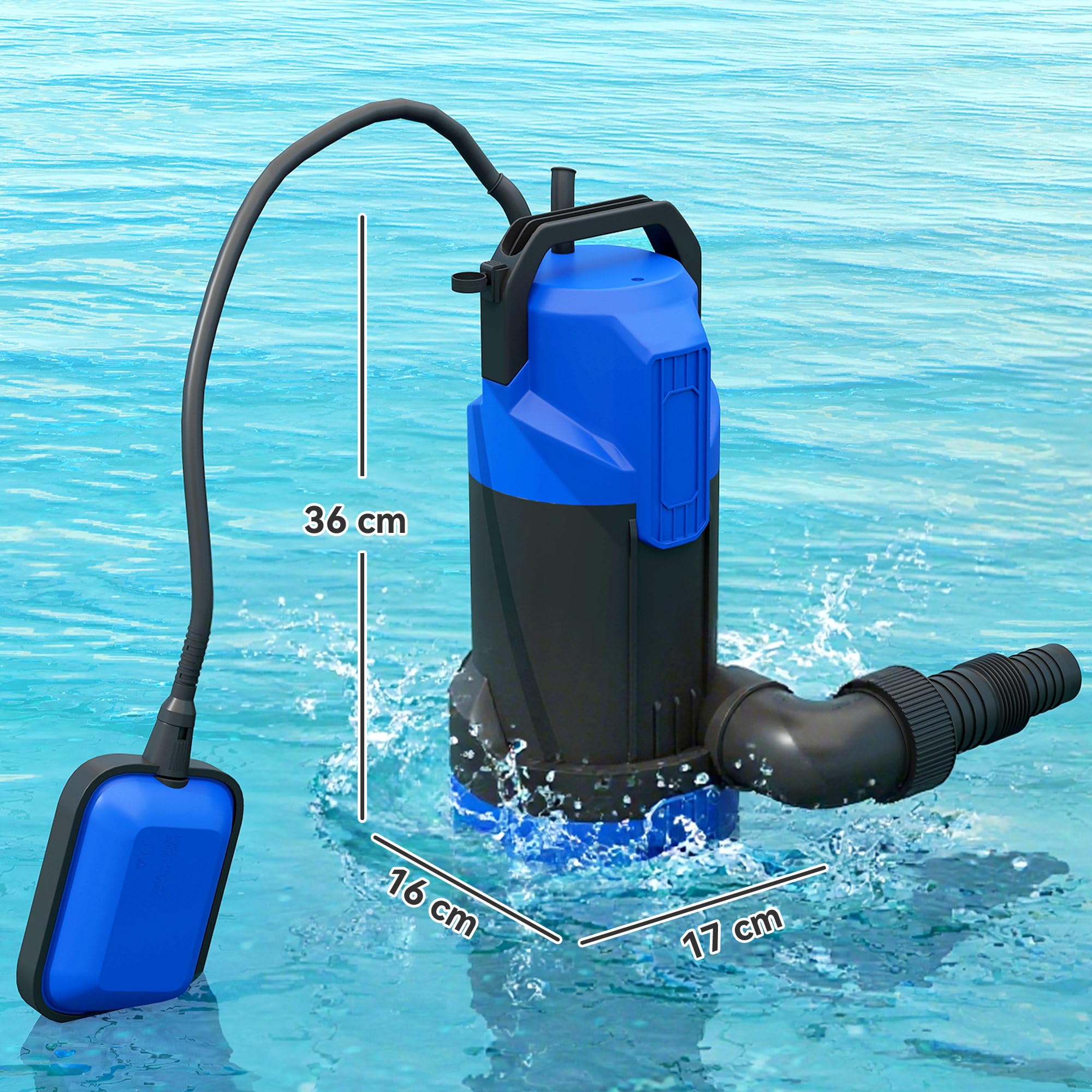 Outsunny Pompe d'évacuation eaux chargées/propres 20000L/H 750W, profondeur max. 7m, Pompe de relevage eaux chargées avec interrupteur à flotteur, pour eaux sales avec particules jusqu'à 35 mm, noir