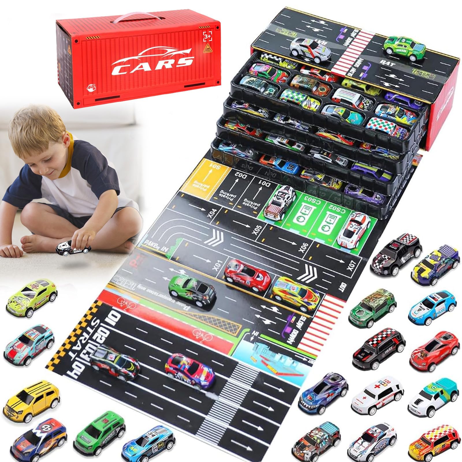 Zenova 48 Pcs Mini Pull Back Cars Set,2-in-1 Storage Box & Racing Map, Battery-Free Friction-Powered Toy Cars for Kids Ages 2+,Metal Vehicles Birthday/Christmas Party Favors for Boys Girls ﻿ (Red)