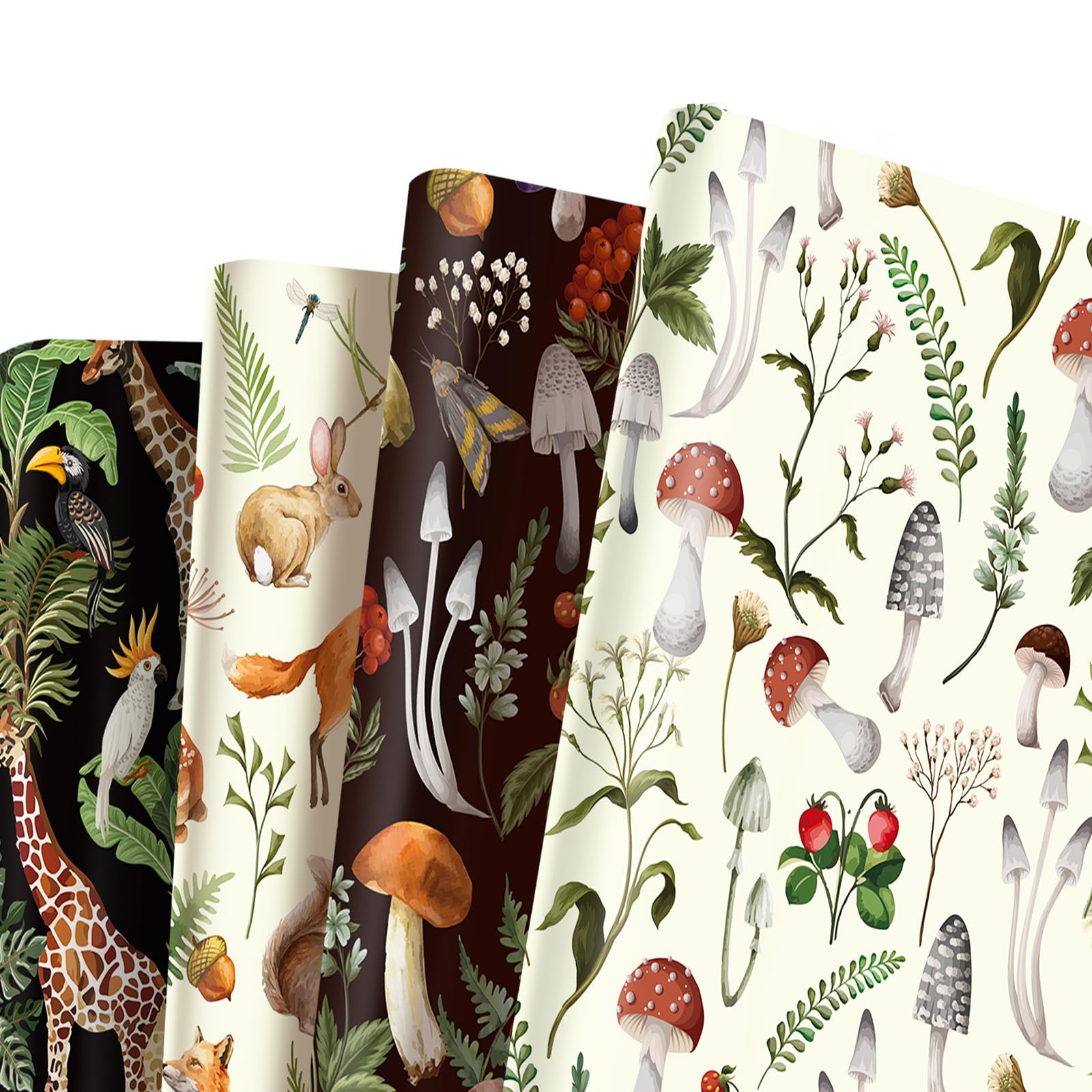 12 Pcs Animal Wrapping Paper Sheets, 69x50cm Vintage Mushroom Plant Fox Giraffe Gift Wrapping Paper,Recyclable Forest Animal Birthday Wrapper for Kids Adults Party Gift Wrap Boxes Decoration โ image 1