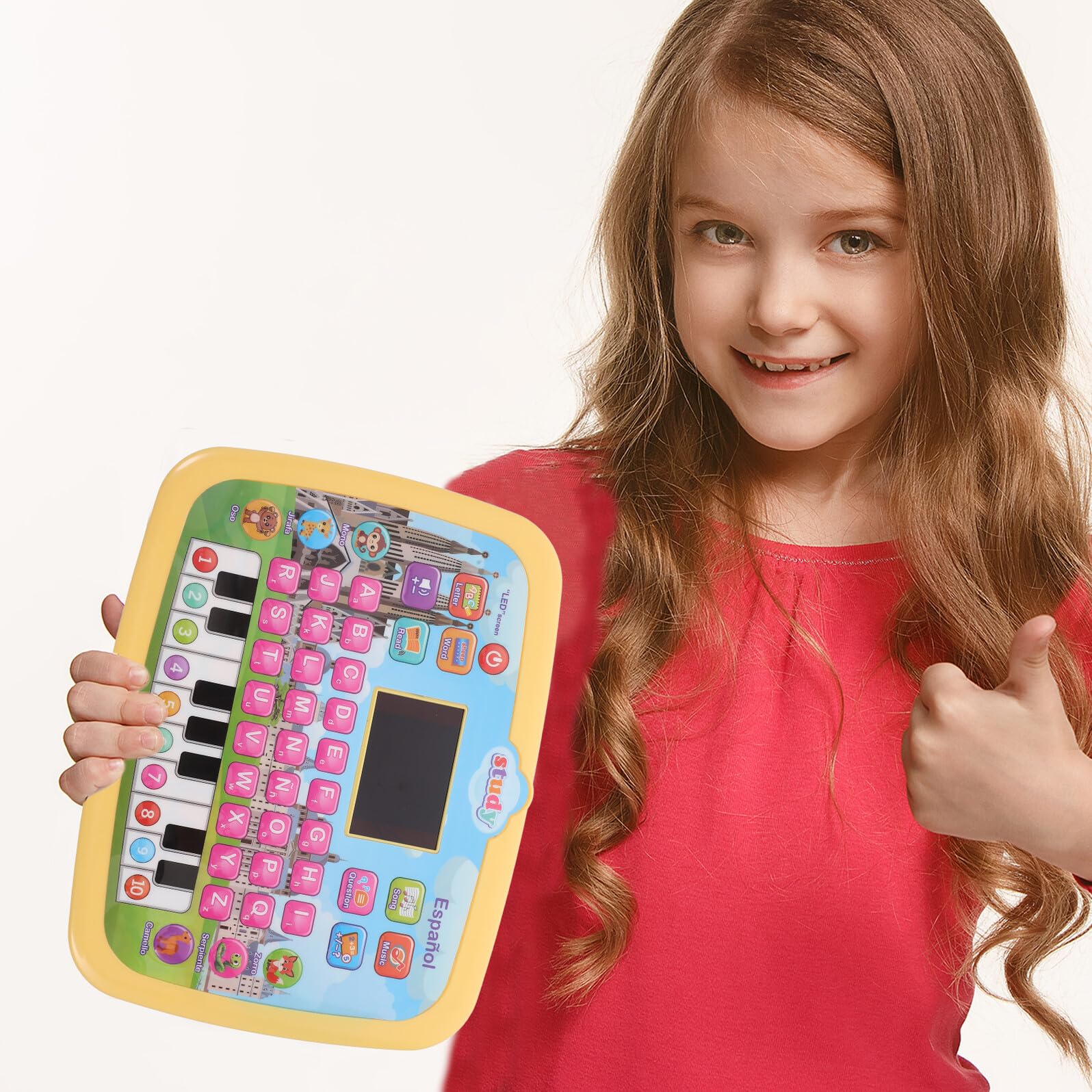 Tableta Bilingüe de Español para Niños Pantalla Led, Táctil, Abs | Juguete Educativo Multifuncional, 3 Pilas Aa No Incluidas, Amarillo Decoracion Colegio, Juguetes Didácticos Años