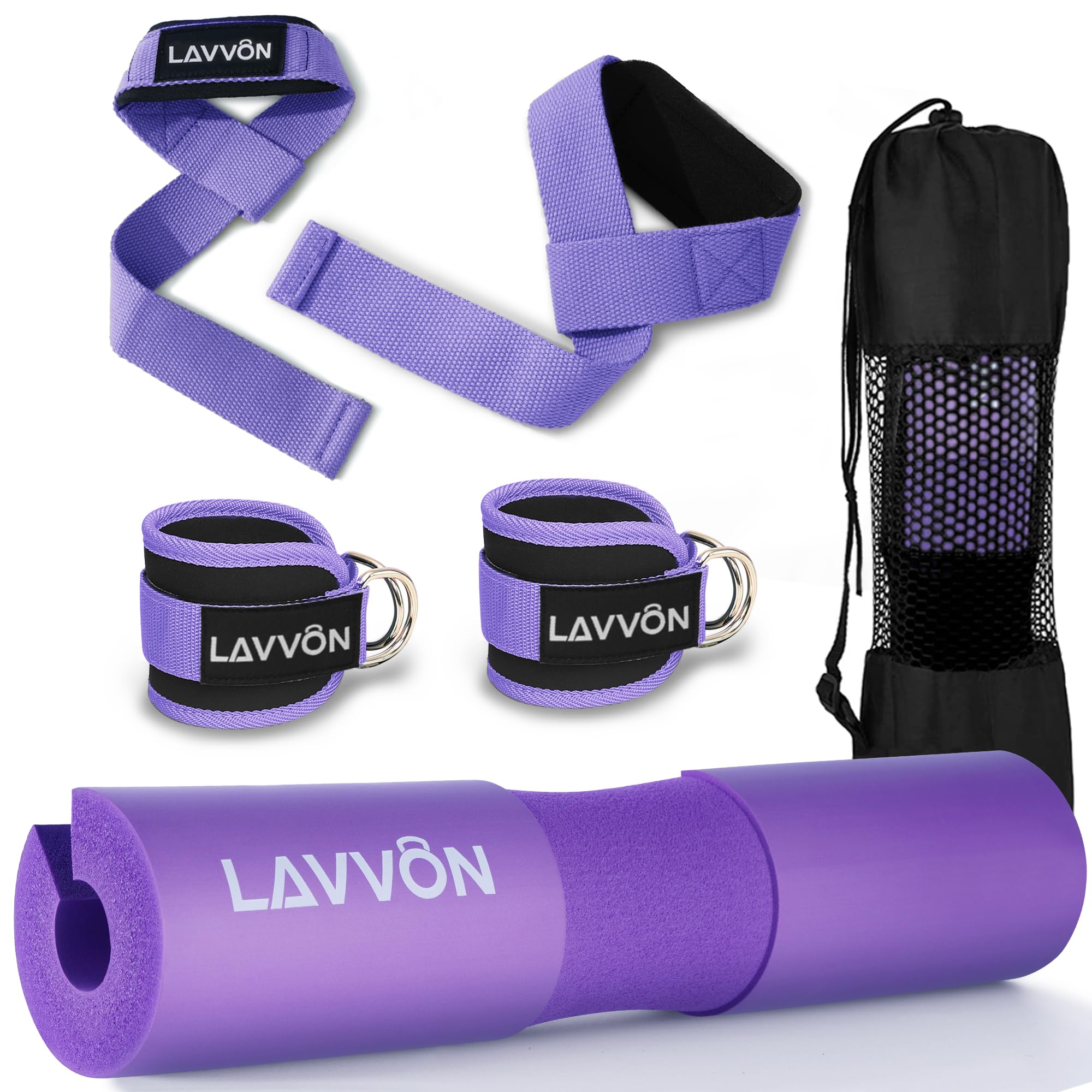 Squat Pad Set - Foam Barbell Pad for Squats Cushion, Lunges & Bar Padding for Hip Thrusts - Standard Olympic Weight Bar Pad - With Ankle Straps, Wrist Straps for Weightlifting (Purple)