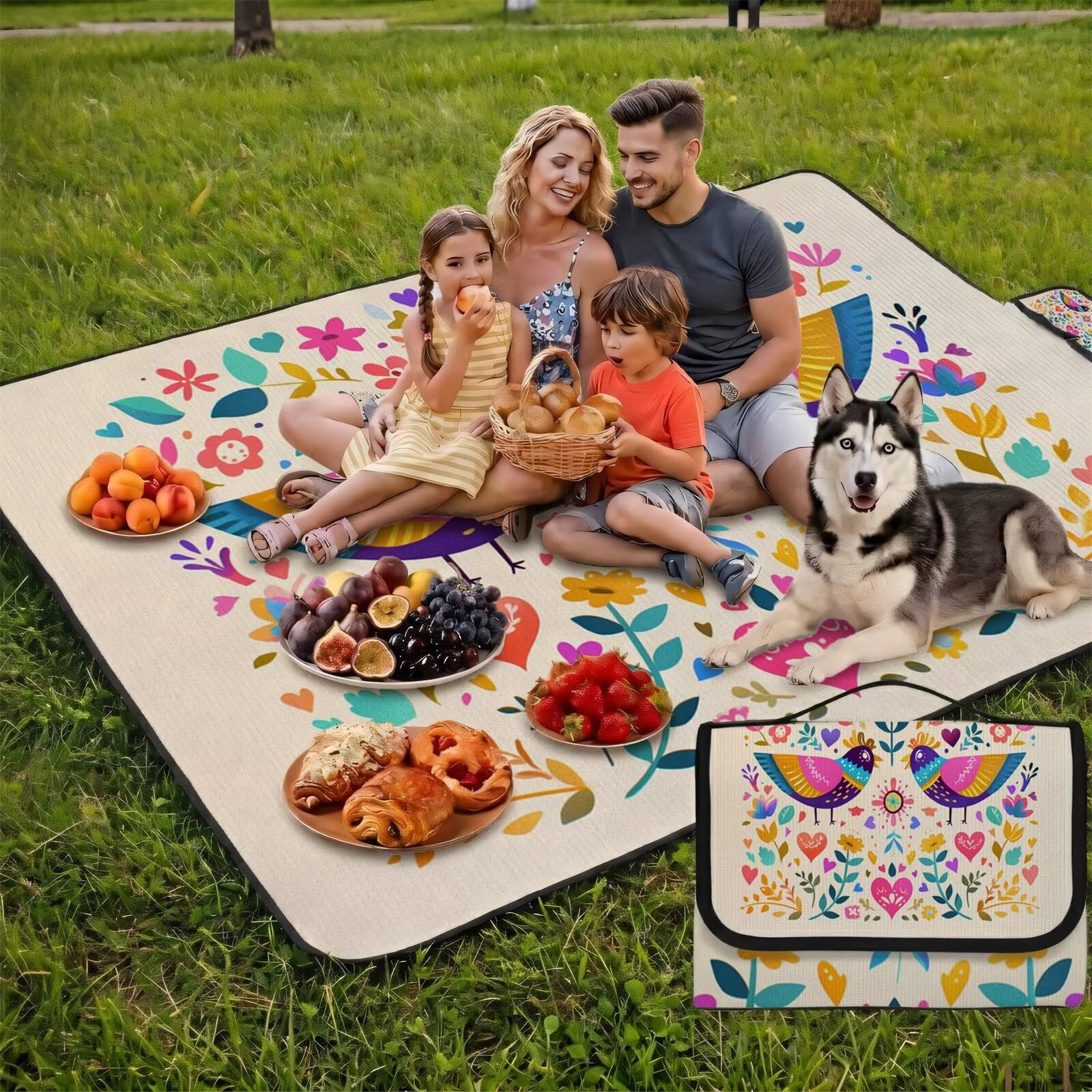 Couverture Pique Nique Grande 200x300cm,Outdoor Couverture Imperméable,Pliable Tapis de Plage Dos en PVC,Picnic Blanket pour Camping Accessoires,Jardin,Parc,Famille - Oiseau,imprimé UZ-350