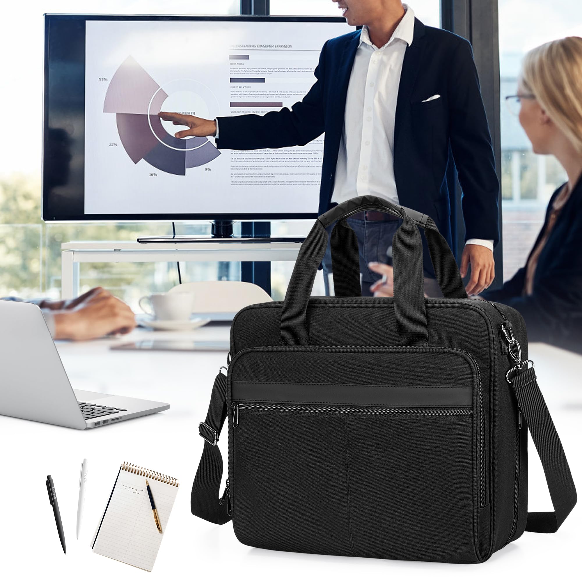 Porte-documents A4 pour Ordinateur Portable 13 ", Noir | avec Poignée et Bandoulière, Idéal pour les Voyages d'affaires, avec Fonction Bureautique Portable