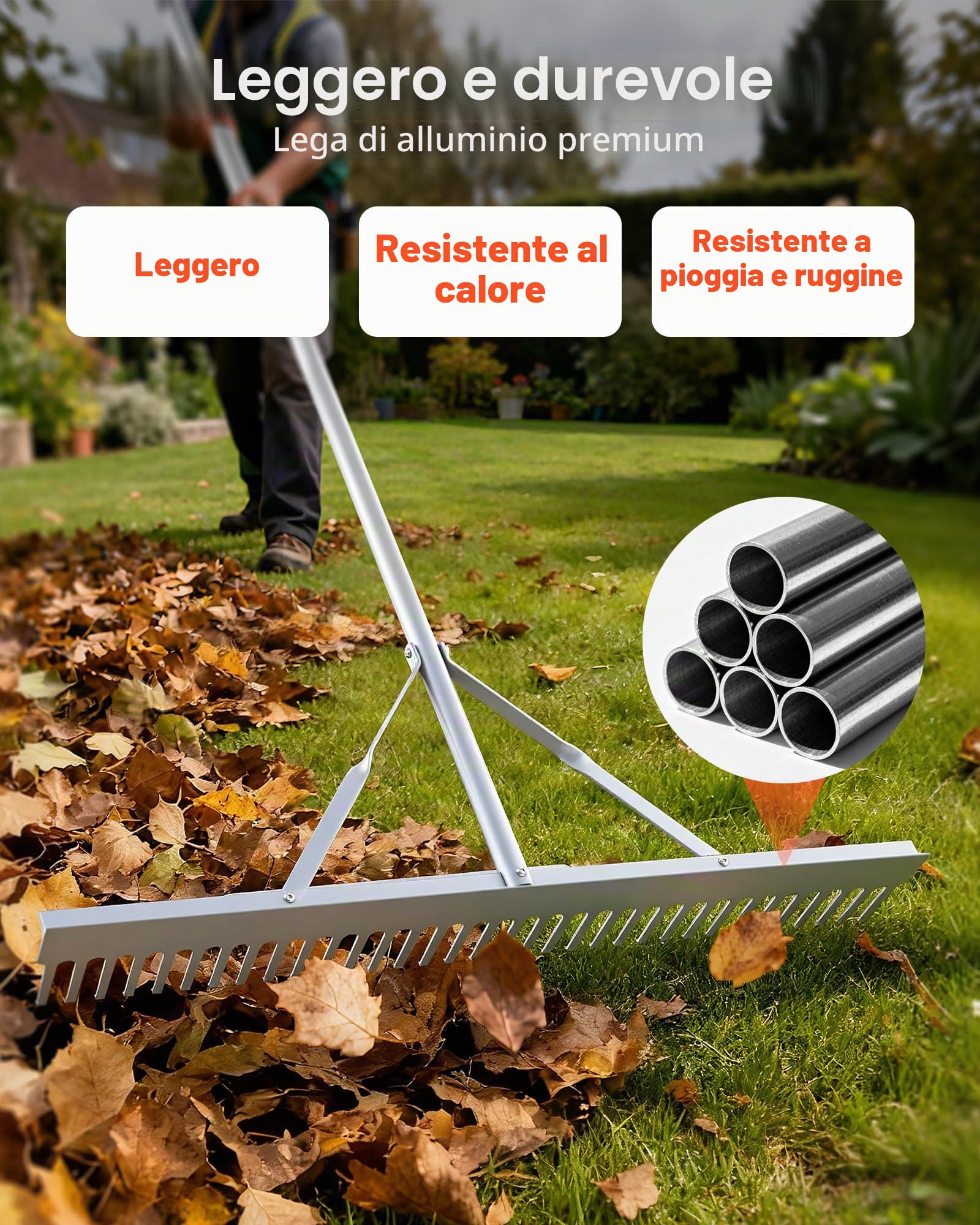 VEVOR Rastrello da Giardino Testa Larga 914 mm Manico da 2590 mm Grande e Robusto Strumento per Rastrello da Giardino in Alluminio, Livella per Asfalto per Allentare Il Terreno, Giardino