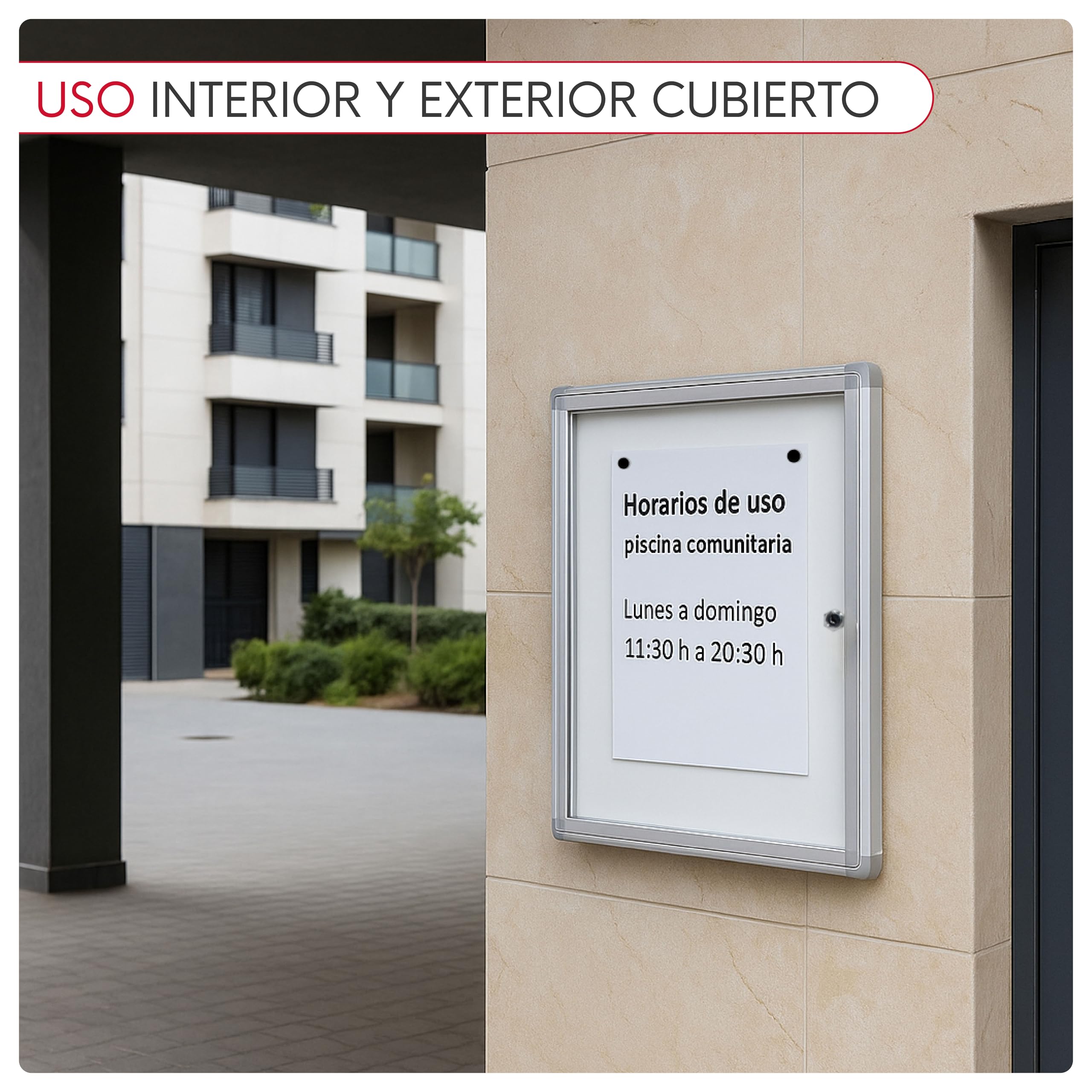 Tablon de Anuncios con Llave 50x70cm | Capacidad para 4 hojas A4 | Tablón Anuncios Exterior o Interior | Aluminio y Policarbonato Resistente | Fondo Metálico Apta para Imánes