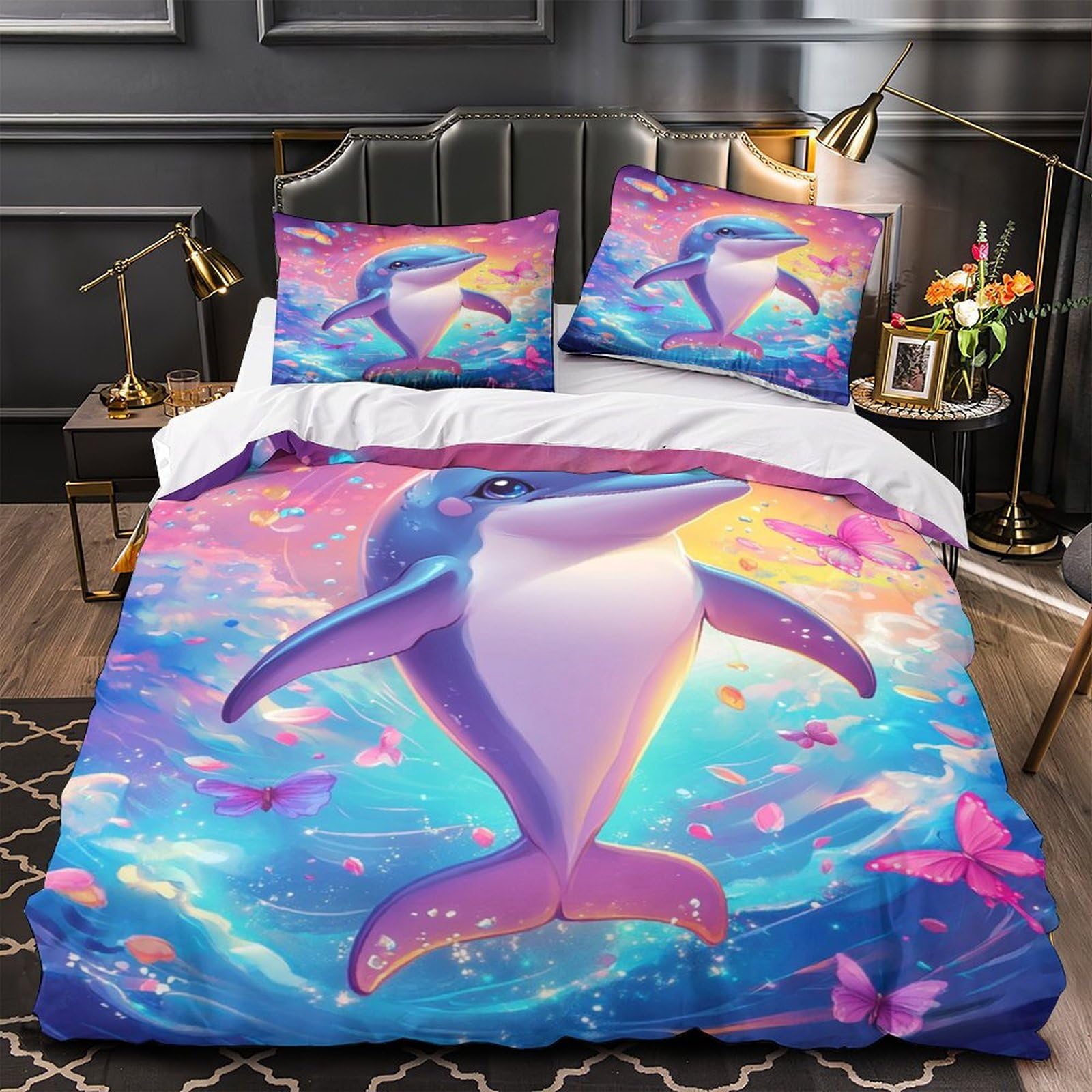 Housse de couette dauphin parure de lit ocean fantastique 140x200 drap housse microfibre