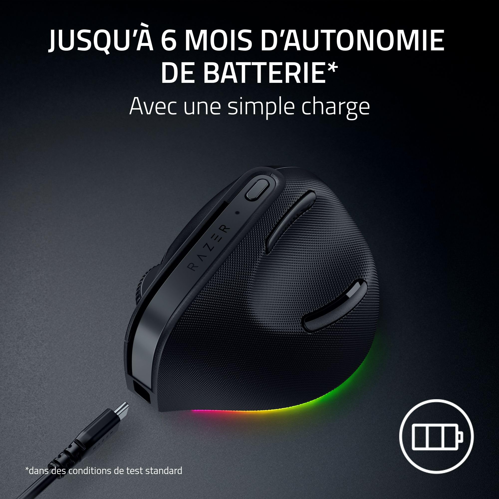 Razer Pro Click V2 Vertical - Souris Ergonomique Verticale sans Fil pour droitier - Assistance IA - Capteur Optique 30K - Windows & Mac (jusqu'à 6 Mois d'autonomie, Chroma RGB, 9 Boutons) Noir