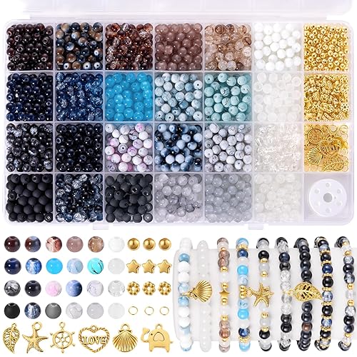 Funtopia 1377pcs Neutral Colors Glass Beads, 6mm Round Beads Bracelet Making Kit, Marble Loose Beads and Gold Spacer Beads, DIY Crafts Gifts for Women Men