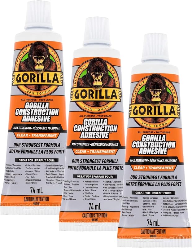 Gorilla Max Strength Construction Adhesive, 2.5 oz (Pack of 3), Clear, Waterproof for Quick Fixes Touch Ups, Bonds Wood Metal Glass Tile Stone Drywall, Indoor Outdoor Gap-Filling Paintable