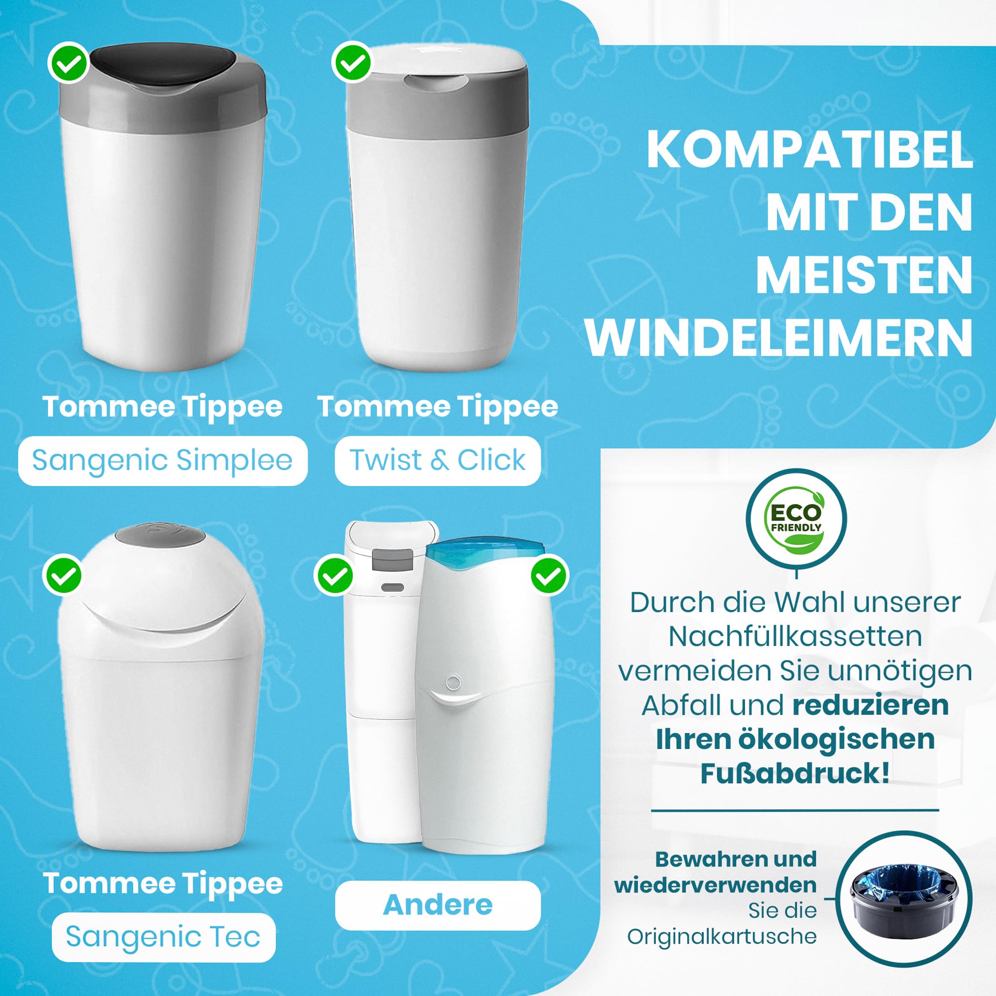 VibeGifting® XXL-Familienpackung – 9 windeleimer nachfüllfolie à 10 m, kompatibel mit Tommee Tippee Nachfüllkassette, Universell, Duftend, Geruchsneutralisierend, BPA-frei, 100% Recycelt