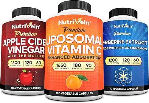Nutrivein Paquete de suplementos premium de berberina, vinagre de sidra de manzana y vitamina C liposomal: cápsulas de vitamina C de alta absorción,