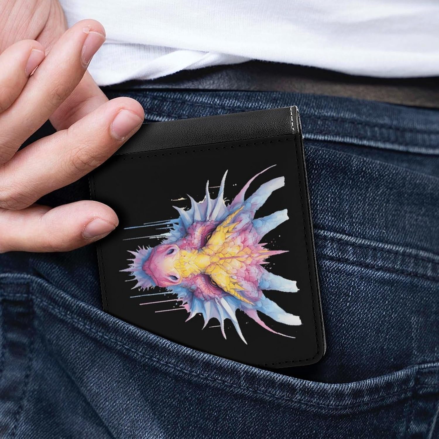 Colorful Dragon Watercolor Novelty Wallet Soft Slim Front Pocket Bifold Purse with ID Credit Card Holder
