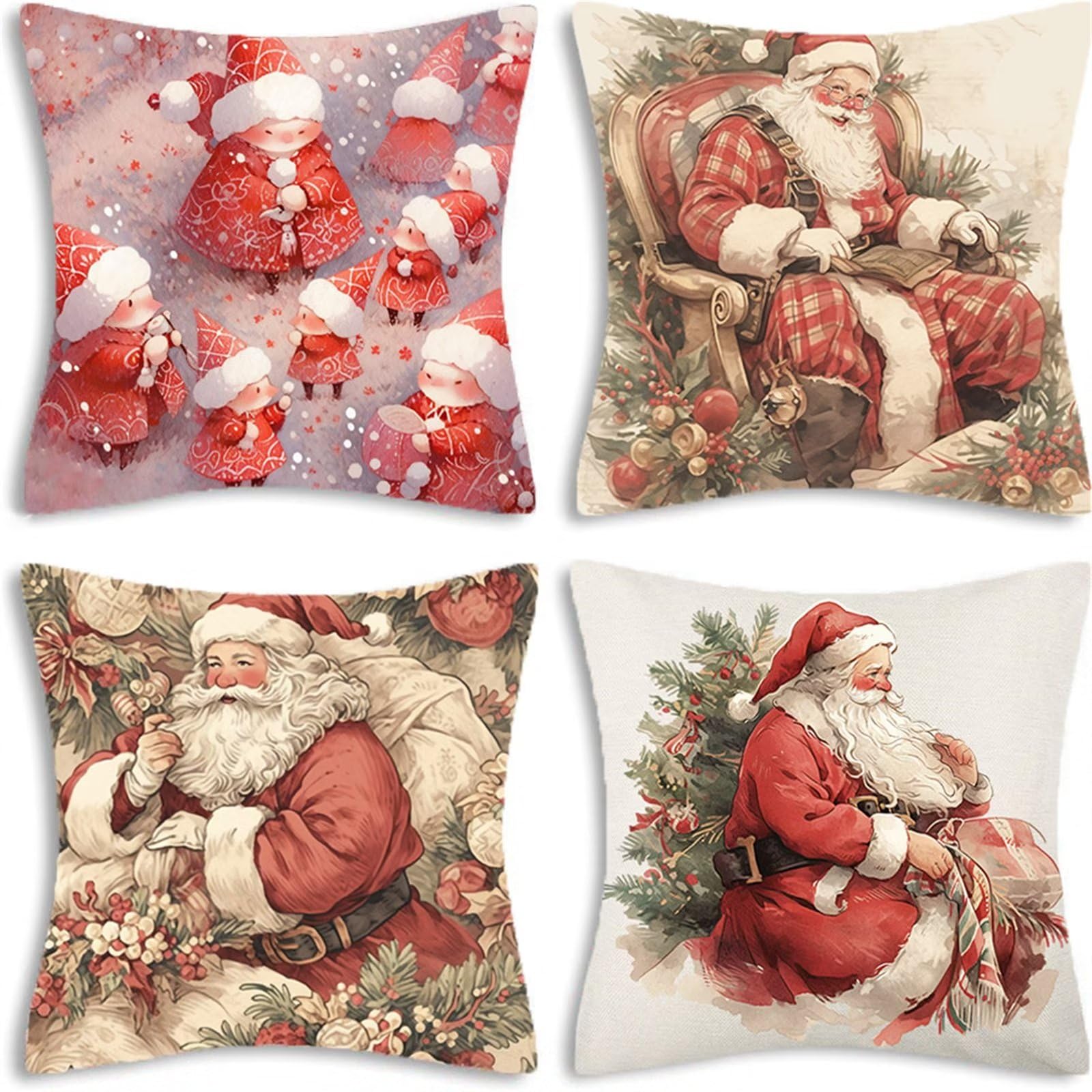 Zestaw 4 miękkich świątecznych poszewek na poduszki 60 x 60 cm, świąteczna czerwona karłowata dwustronna dekoracyjna poszewka na poduszkę 60 x 60 cm, do salonu, na sofę, ogród, na zewnątrz,