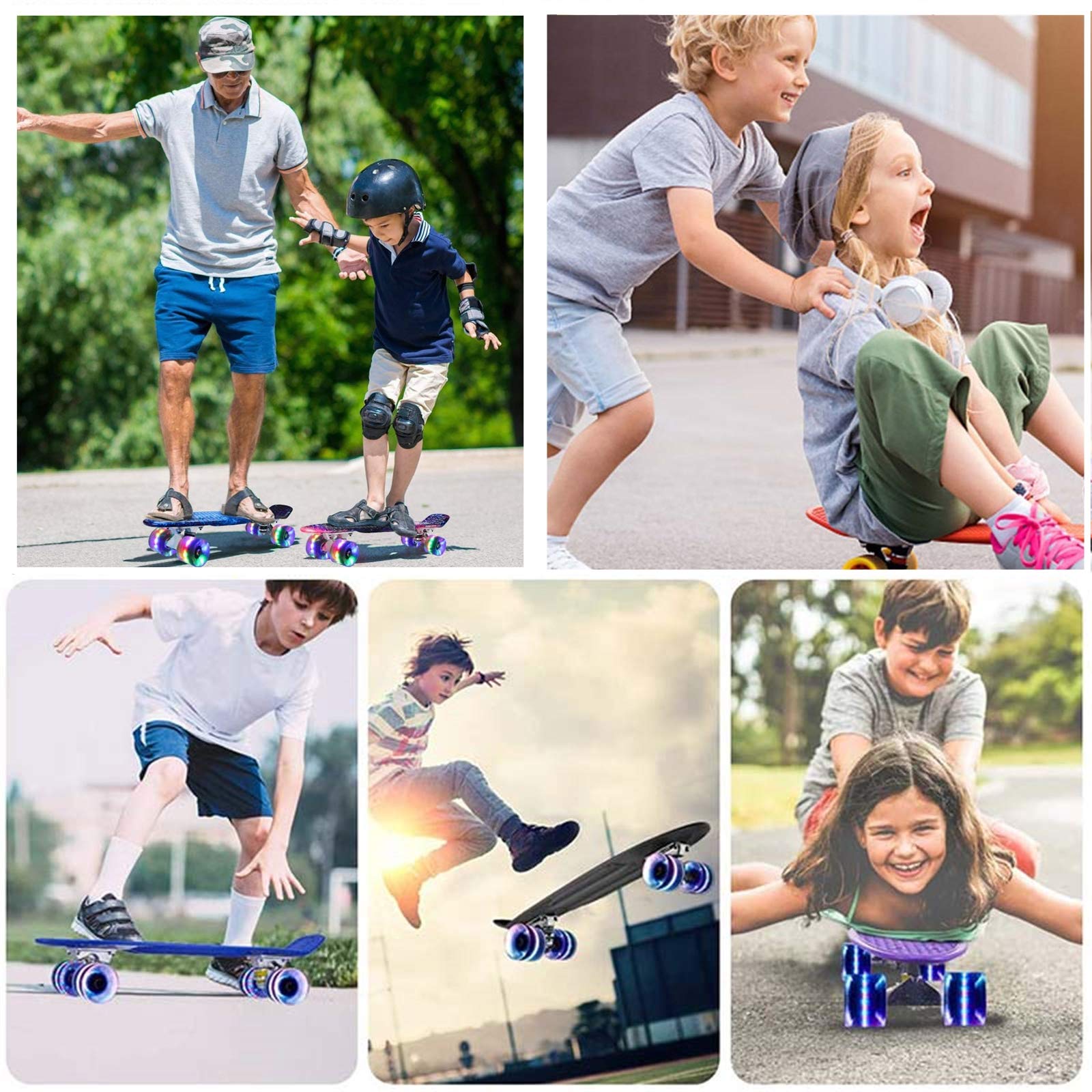 Skateboard Complet Mini Cruiser Planche À Roulettes En Plastique 22 Pouces Pour Enfants Garçons Filles Débutants Adolescents Adultes, LED Light Up Wheels Avec Roulements Et Tout-En-Un Skate T-Tool