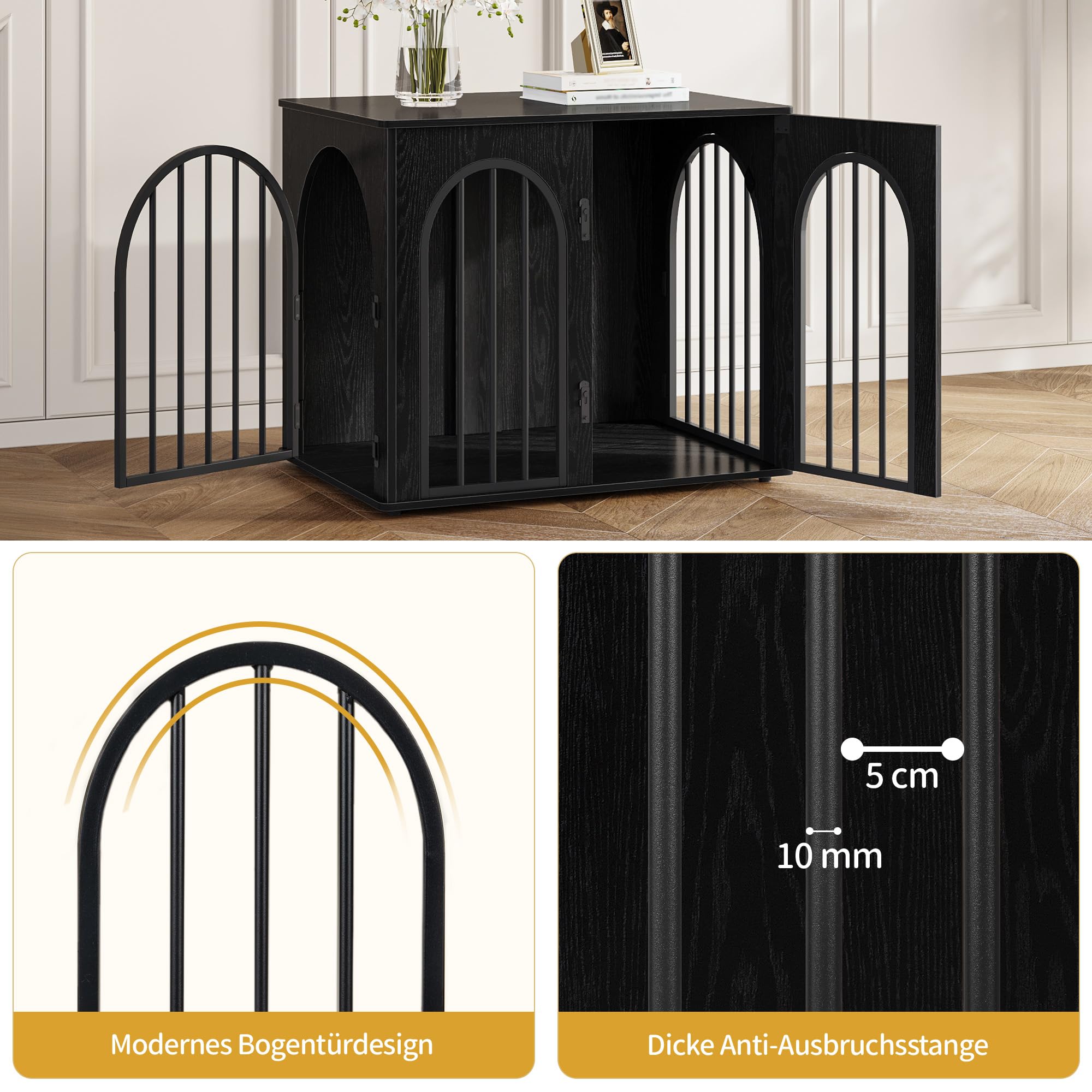Hzuaneri Hundekäfig Möbel, 68 cm Hundebox für Zuhause, 3 Türen, Bogentür, Moderne Hundebox Indoor für Hunde, Beistelltisch, Hundekäfig Hochbelastbar, 68 x 49 x 56 cm, Schwarz DFC85504B