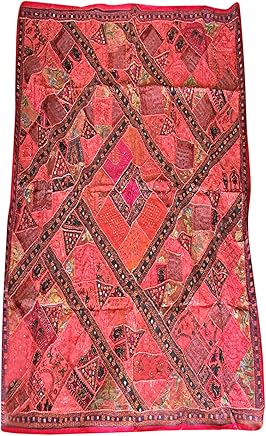 Mogul Vintage Sari Tapestry Embroidered Patchwork Orange Wall Hanging Thanksgiving