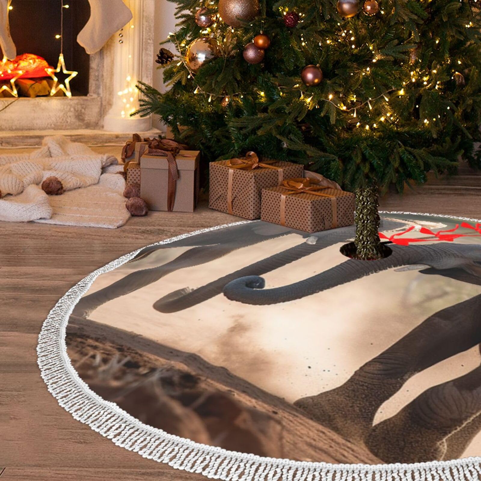Jupe de sapin de Noël 121 cm avec pompons et motif éléphants
