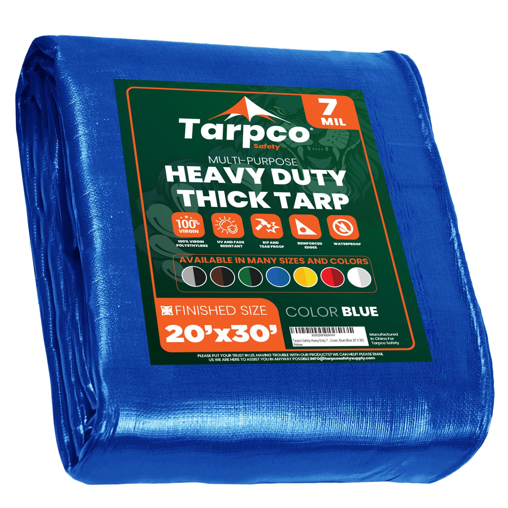 Heavy Duty 7 Mil Tarp Cover, Waterproof, UV Resistant, Rip and Tear Proof, Poly Tarpaulin with Reinforced Edges for Roof, Camping, Patio, Pool Cover, Boat (Blue 20′ X 30′)